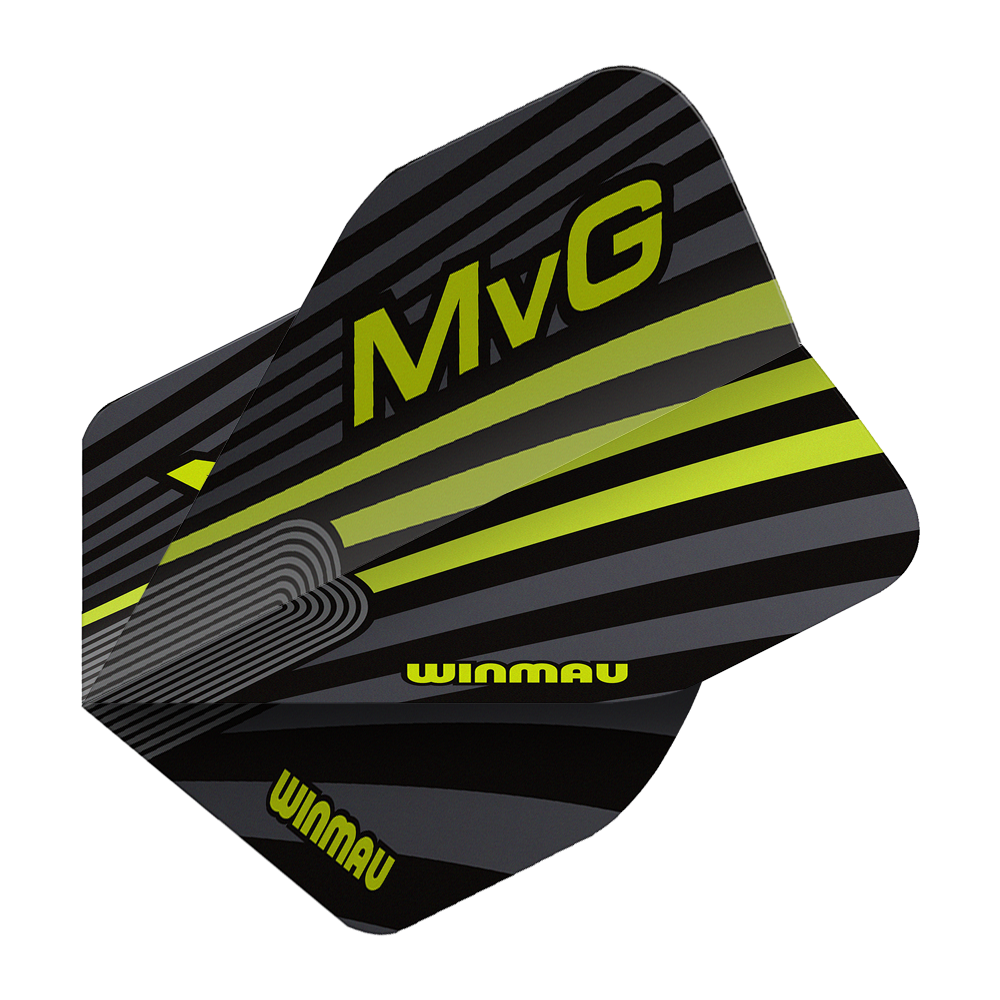 Winmau Prism Delta MvG Gray Green No2 Standard Flights Das Bild zeigt die Winmau Prism Delta MvG Grey Green No2 Standard Flights. Es handelt sich um Dart-Flights in Grau und Grün.
