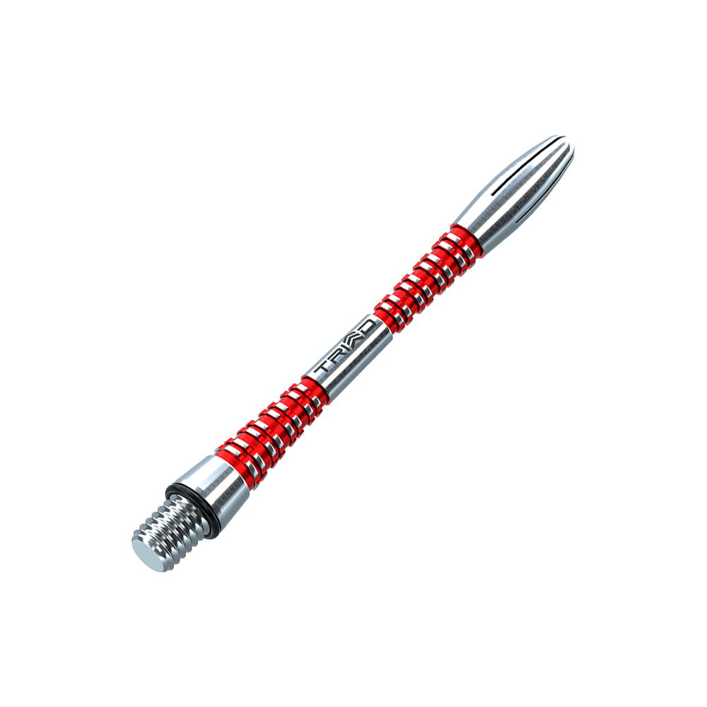 Das Bild zeigt einen silbernen Dart-Schaft mit roten Ringen. Auf dem Schaft steht das Wort "TRIAD".