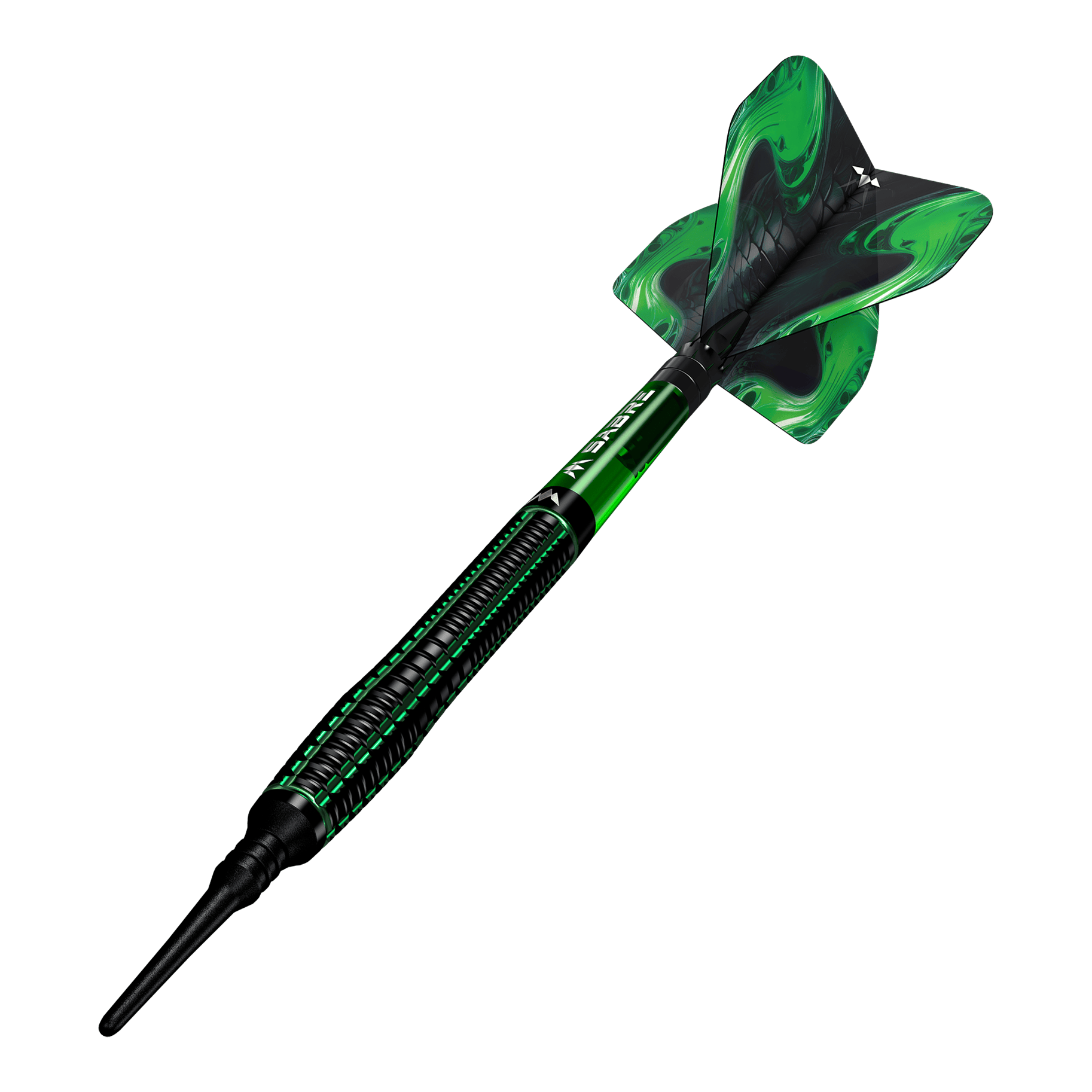 Das Bild zeigt einen Mission Venom Softdart mit einem Gewicht von 20g. Der Dart ist schwarz und grün gestaltet und hat ein auffälliges Design am Flight.