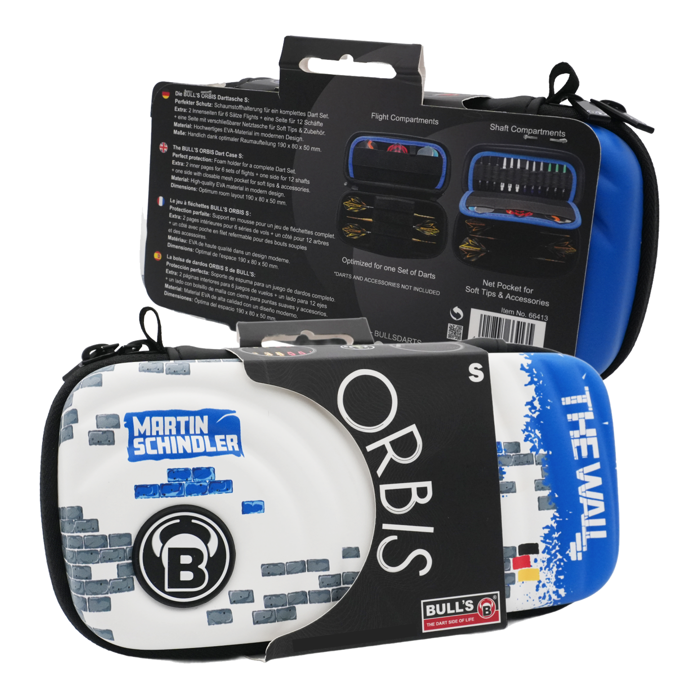 Bulls Orbis S Martin Schindler dart case Das Bild zeigt das Produkt "Bulls Orbis S Martin Schindler Dartcase" in einer Verpackung. Das Dartcase ist bunt gestaltet und trägt den Namen "Martin Schindler" sowie "The Wall".