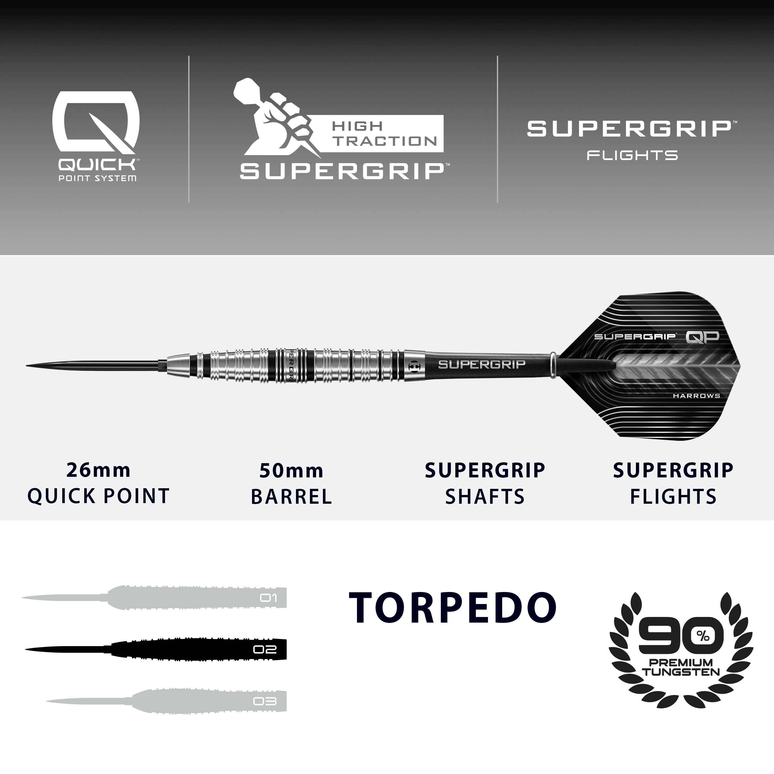 Dieses Bild zeigt die Harrows Supergrip Torpedo Quick Point Steeldarts. Der Artikel ist in Nahaufnahme zu sehen.
