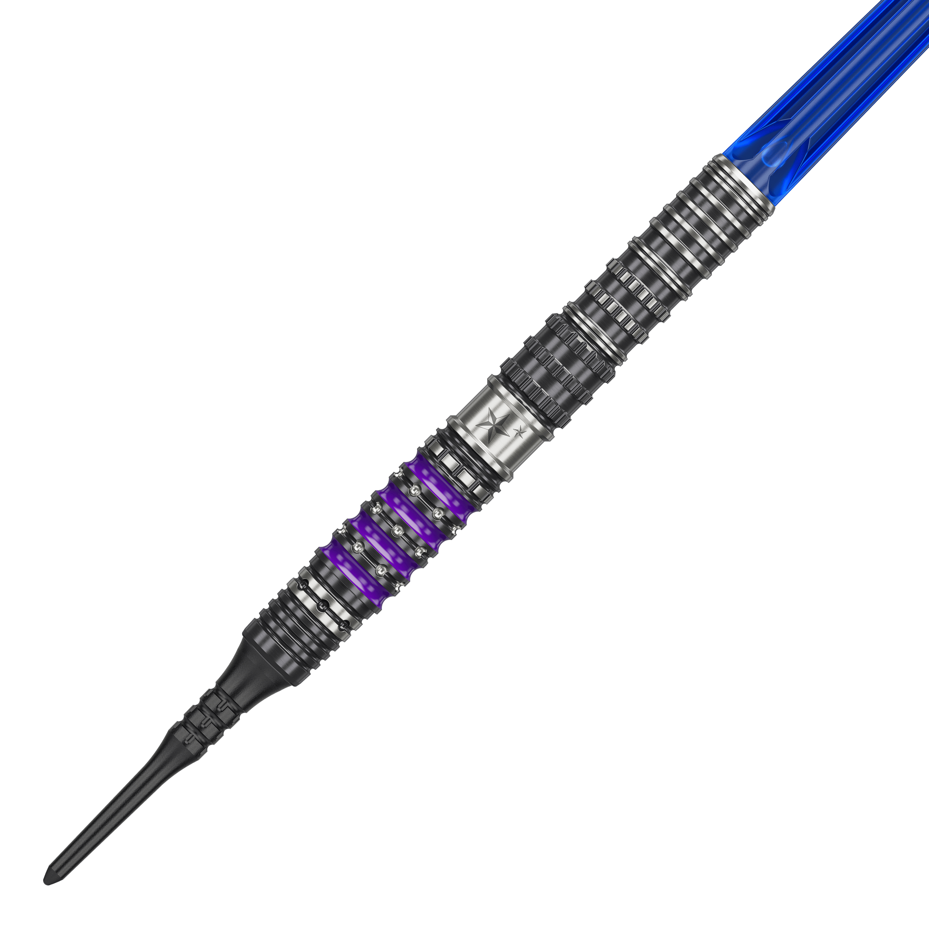 Dies ist der Target Japan Prime Series Sirius GEN4 Softdart mit einem Gewicht von 21,5g. Der Dart hat ein futuristisches Design mit silbernen, schwarzen und lila Akzenten sowie einem blauen Schaft.