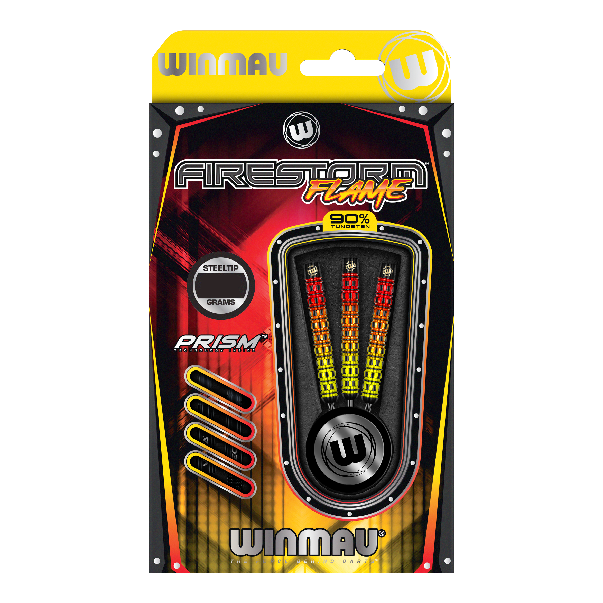Winmau Firestorm Flame Parallel Steeldarts Das Bild zeigt die Verpackung der Winmau Firestorm Flame Parallel Steeldarts. Die Darts haben ein auffälliges Flammendesign und bestehen zu 90% aus Tungsten.