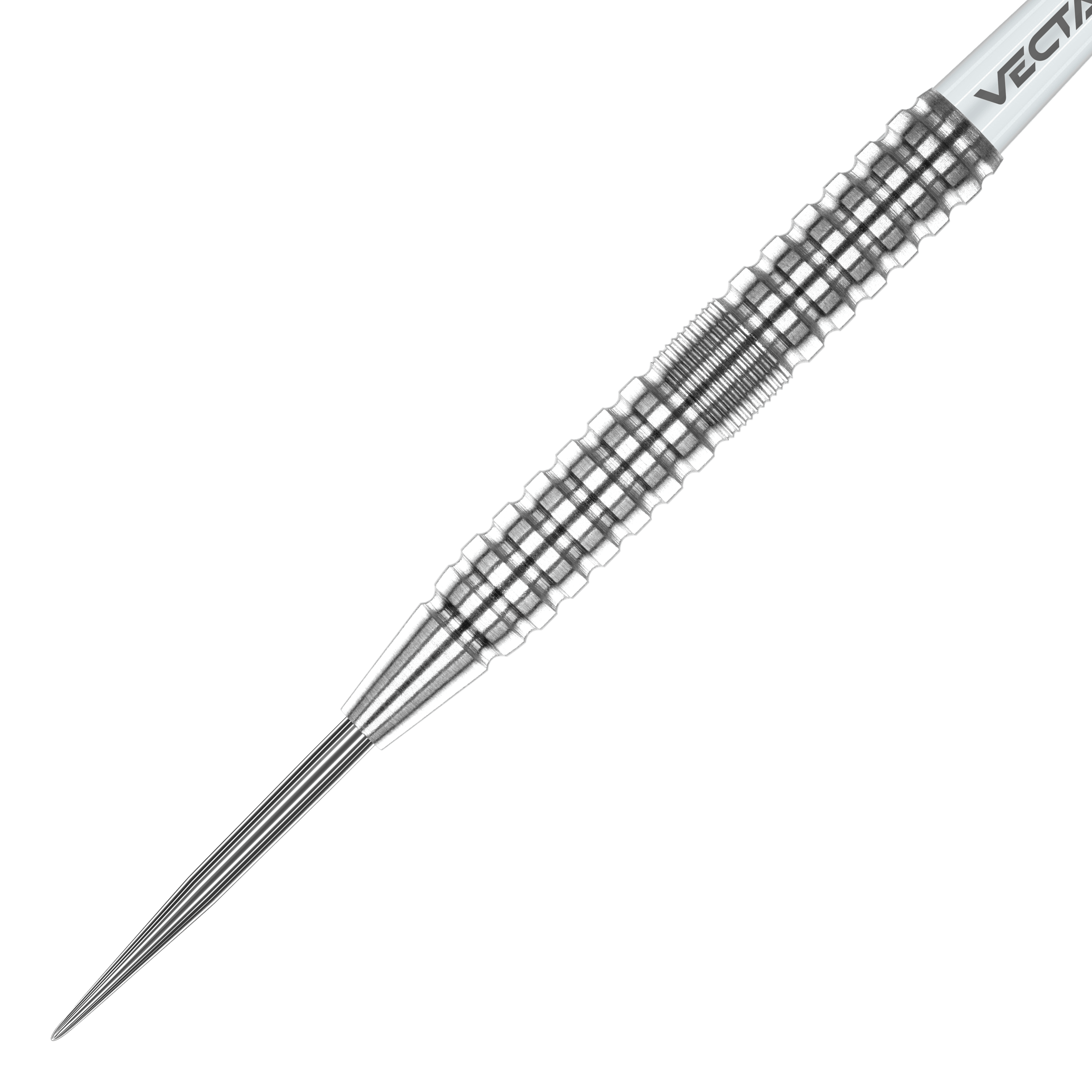 Winmau Willie OConnor Steel Darts - 23g Das Bild zeigt einen silbernen Winmau Willie OConnor Steeldart mit einem Gewicht von 23g. Der Dartpfeil hat eine strukturierte und geriffelte Oberfläche für besseren Halt.