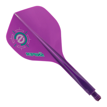 Das Bild zeigt ein lila Dart-Flightsystem mit der Aufschrift "Sniper". Es handelt sich um das Modell "Condor Axe 120 Connor Scutt Sniper Purple Flight-System - Standard".