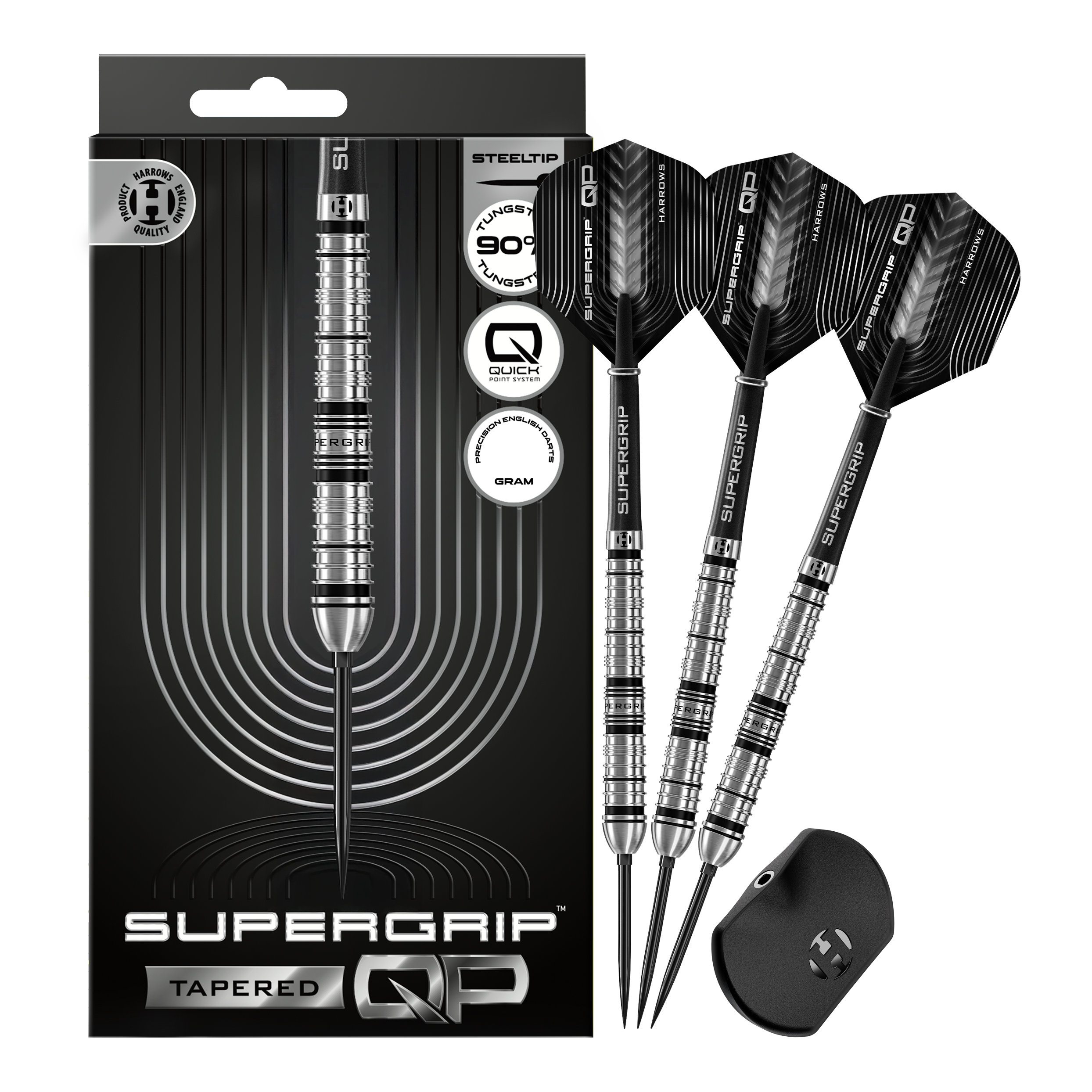 Abgebildet sind die Harrows Supergrip QP Tapered Quick Point Steeldarts. Es handelt sich um hochwertige Steeldarts für präzises Dartspiel.