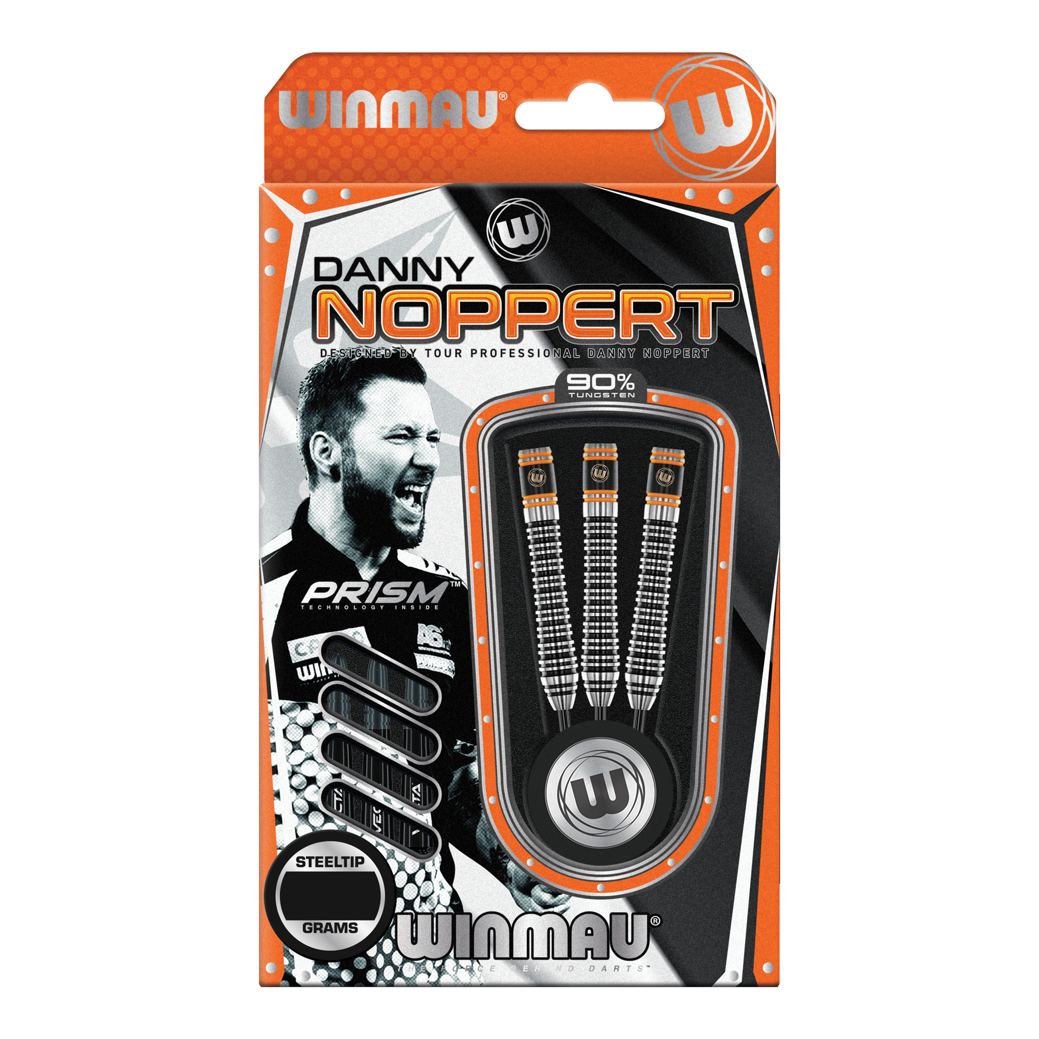 Winmau Danny Noppert Signature Edition 2 steel darts Auf dem Bild ist eine Packung „Winmau Danny Noppert Signature Edition 2 Steeldarts“ zu sehen. Die Verpackung zeigt drei Steeldarts und ein Porträt von Danny Noppert.