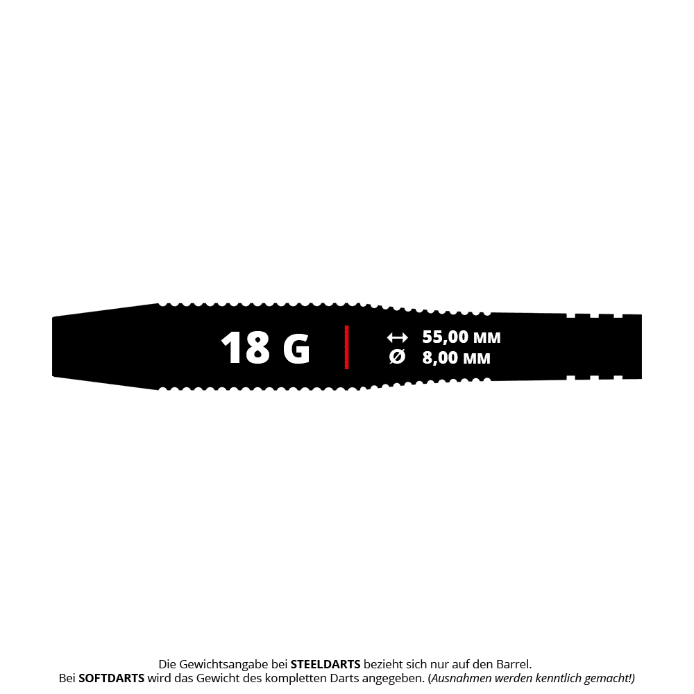 Bulls Martin Schindler The Wall Black Brass Softdarts - 18g Das Bild zeigt die Maße und das Gewicht des Produkts "Bulls Martin Schindler The Wall Black Brass Softdarts - 18g". Der Dart wiegt 18 Gramm, ist 55 mm lang und hat einen Durchmesser von 8 mm.