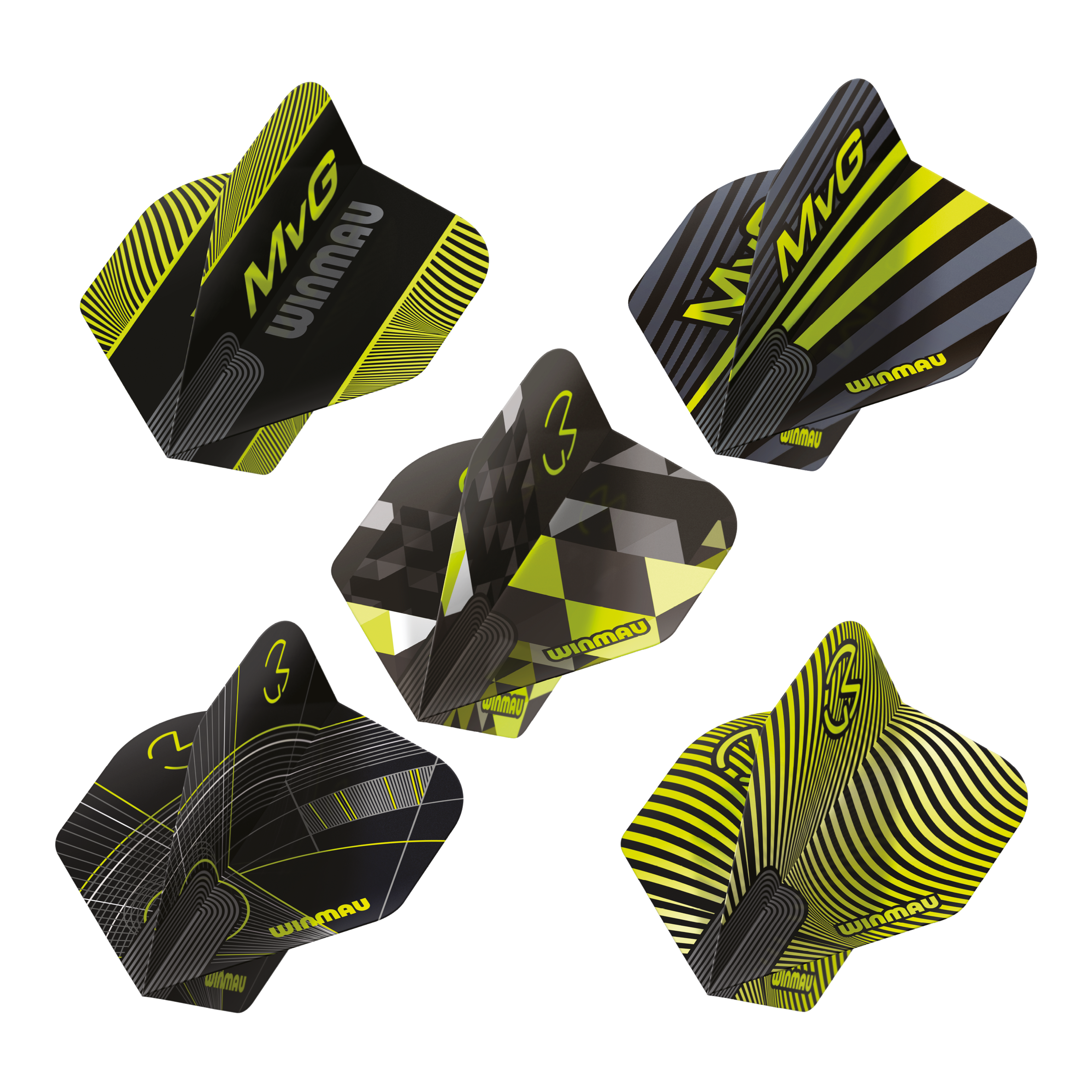 Das Bild präsentiert die Winmau Michael Van Gerwen Prism No2 Standard Flight Collection. Es handelt sich um eine Auswahl an Dart Flights.