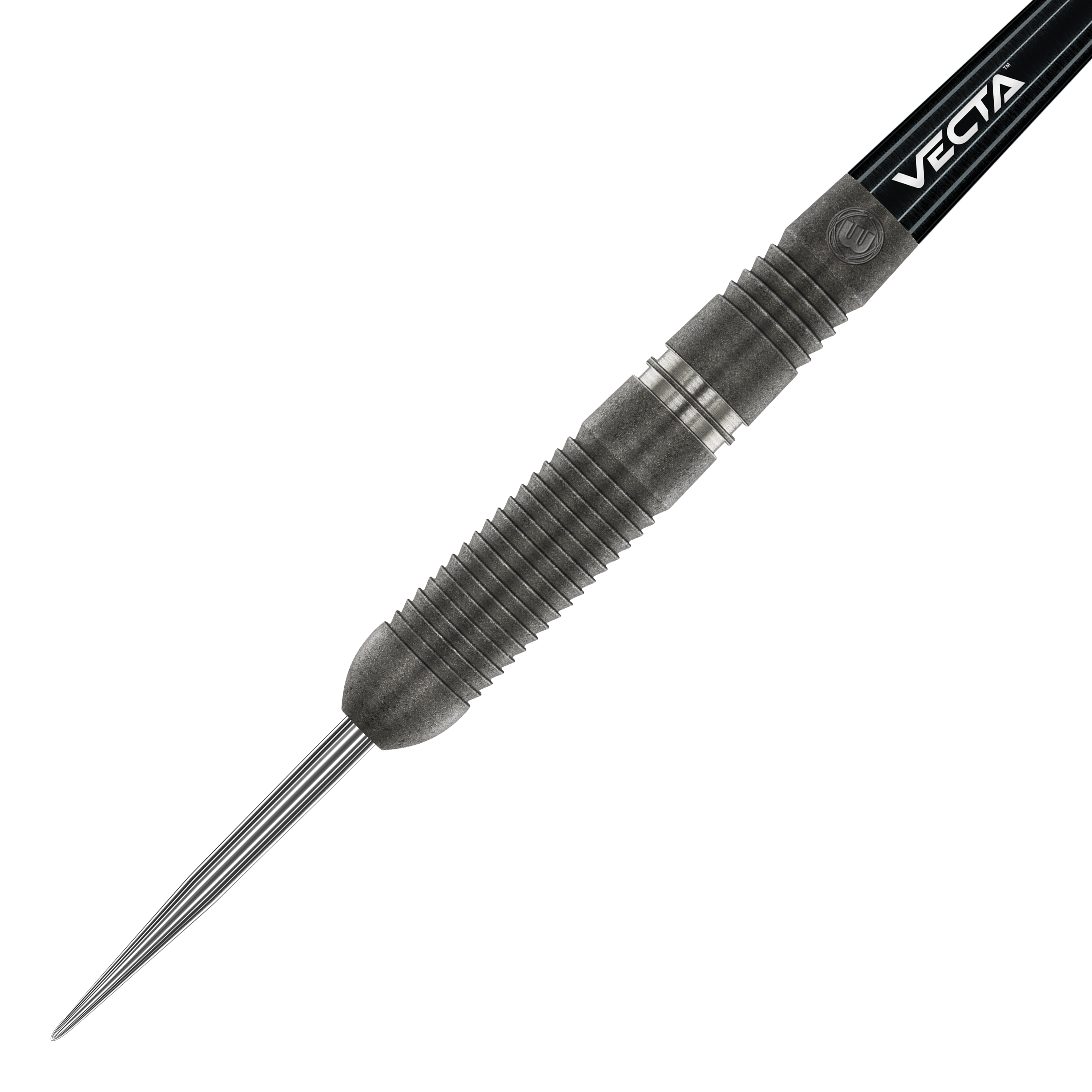 Winmau Callisto 03 Steeldarts Das Bild zeigt einen Winmau Callisto 03 Steeldart. Der Dart hat ein geriffeltes, schwarzes Barrel und eine spitze Metallspitze.