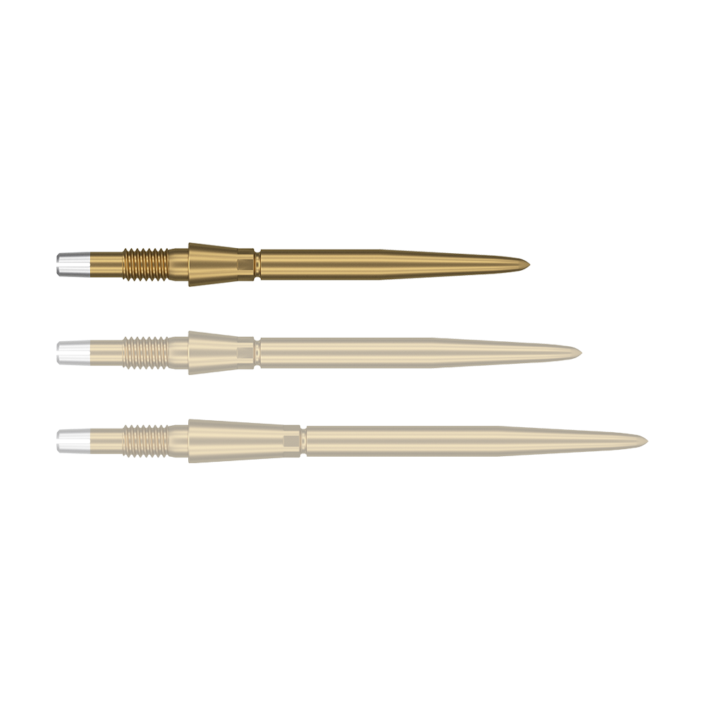 340057_Target_Swiss_Storm_Point_Dartspitzen_Gold_26mm_1 Das Bild zeigt drei goldfarbene Dartspitzen, die nebeneinander liegen. Sie haben eine schlanke Form und silberne Enden.