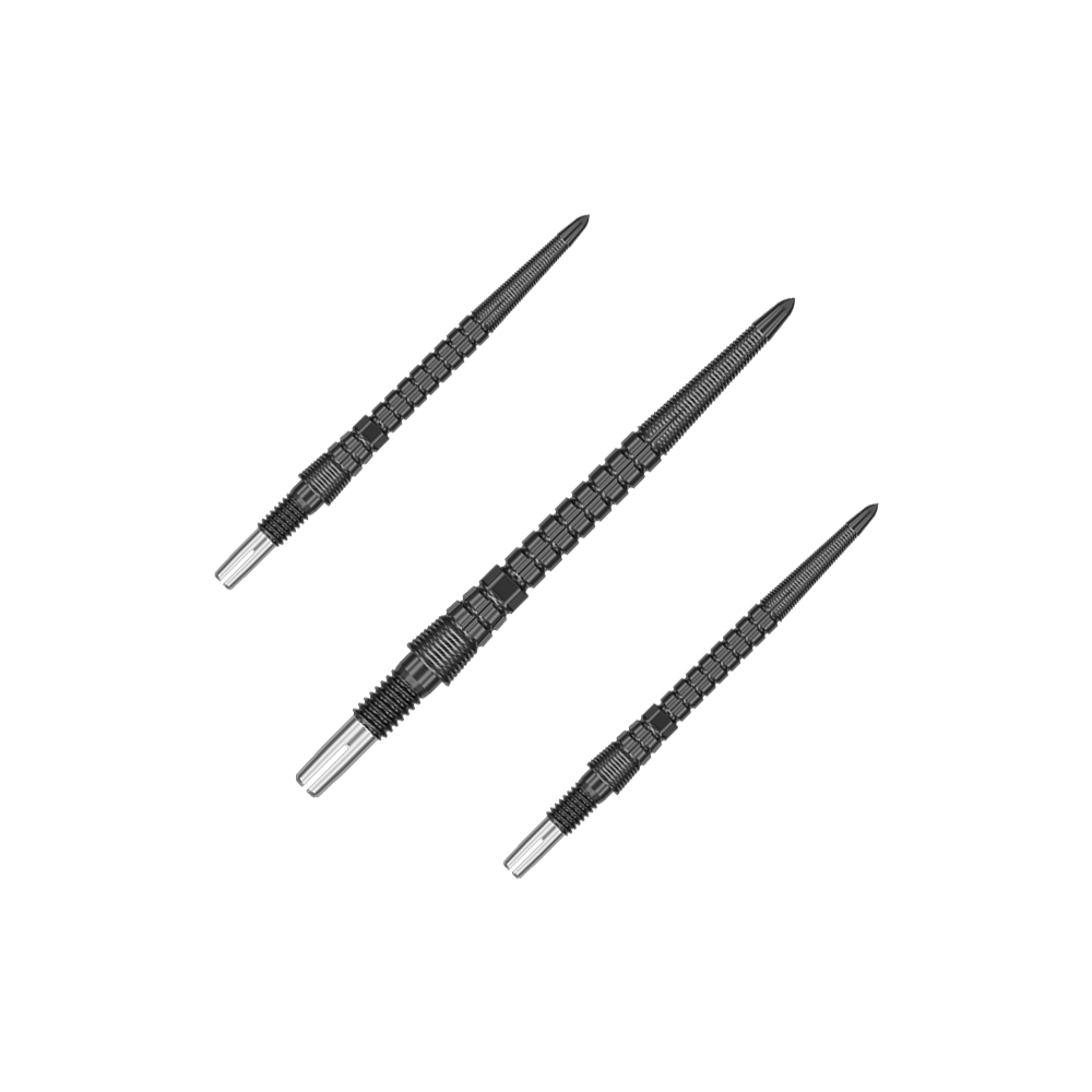 Target Chrono Swiss Storm Point Dart Tips - Black Das Bild zeigt ein Set mit mehreren schwarzen Dartspitzen. Die Spitzen liegen nebeneinander.