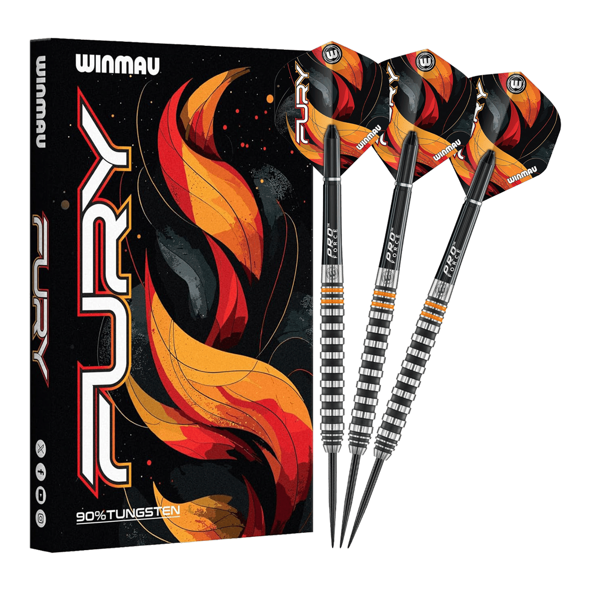 Gezeigt werden die Winmau Fury Steeldarts - 22g. Diese hochwertigen Steeldarts sind für anspruchsvolle Spieler konzipiert.