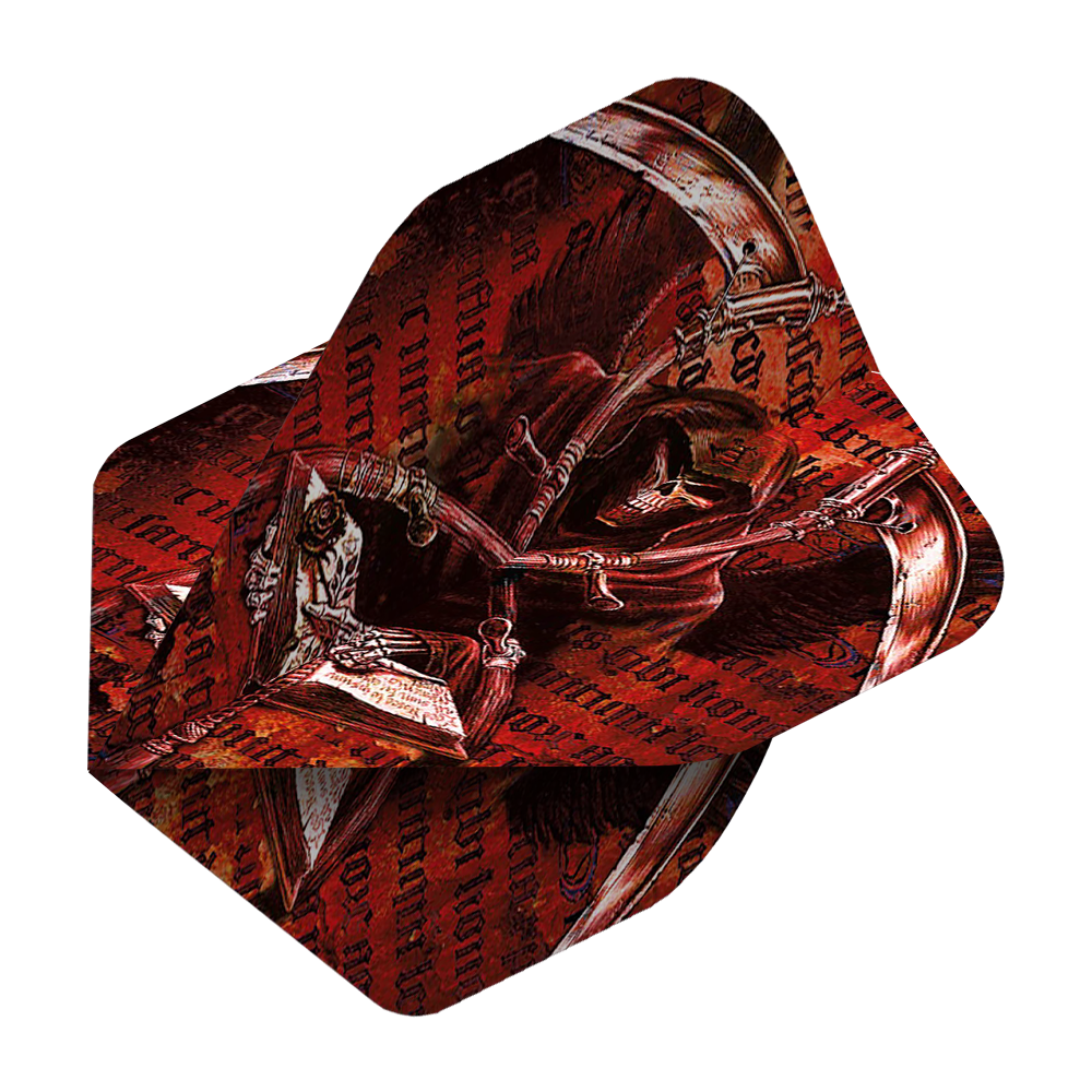 ALC3_Alchemy_Day_Of_Reckoning_Standard_Flights_2 Das Bild zeigt das Produkt "Alchemy Day Of Reckoning No2 Standard Flights". Das Design ist dunkelrot mit einem Sensenmann und gotischen Schriftzügen.