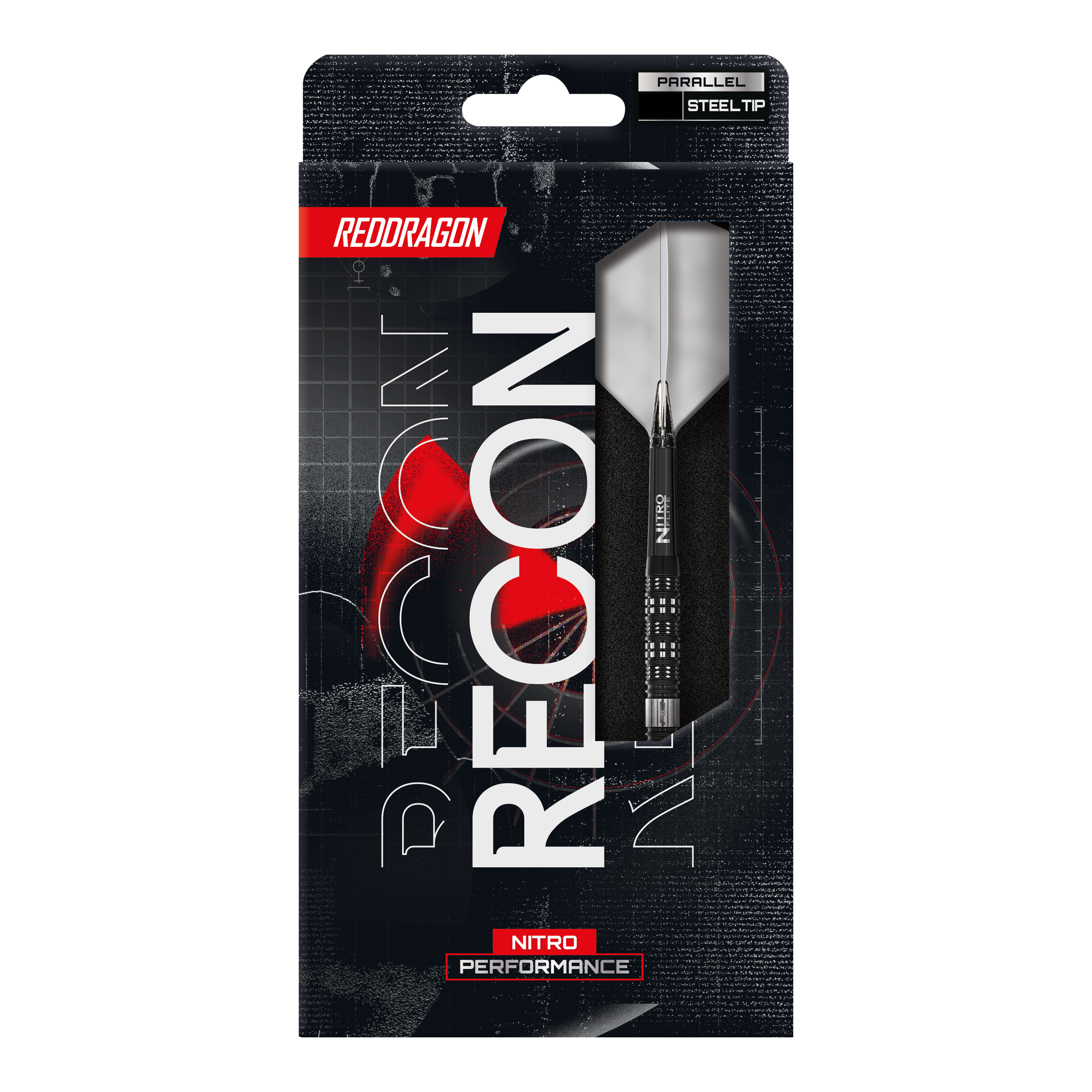 Das Bild zeigt die Red Dragon Recon Parallel Steeldarts. Die Darts sind für Präzision und Leistung konzipiert.