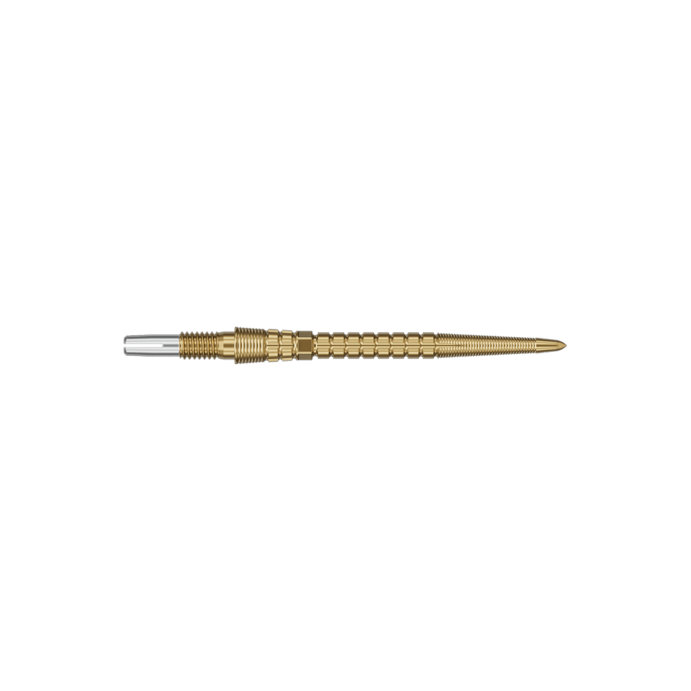 Target Chrono Swiss Storm Point Dart Tips - Gold Zwei goldfarbene Dartspitzen sind abgebildet. Sie liegen nebeneinander.