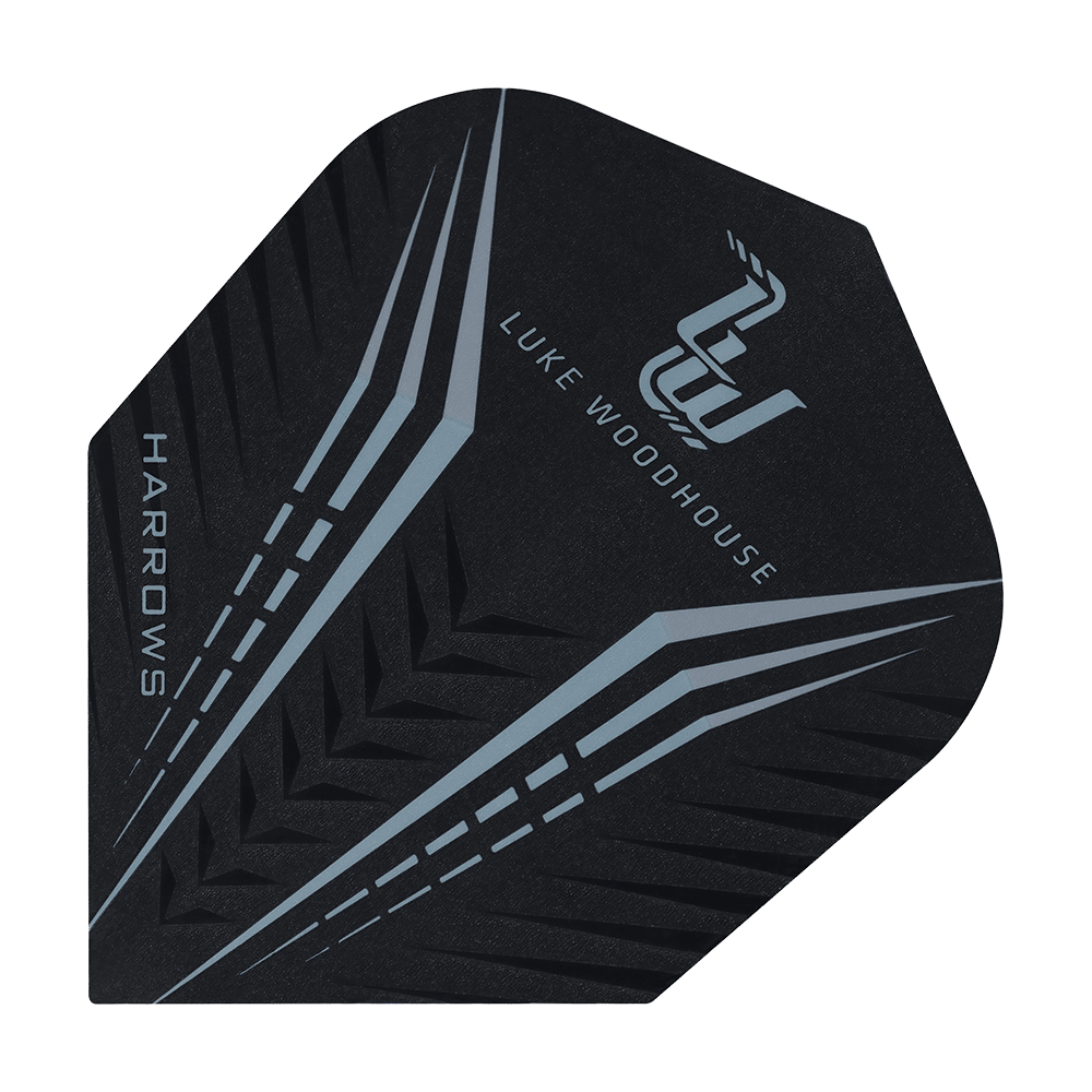 HR24_Harrows_Prime_Luke_Woodhouse_Standard_Flights_1 Das Bild zeigt einen Harrows Prime Luke Woodhouse Standard Flight. Das Design ist schwarz mit silbernen Linien und dem Namen "Luke Woodhouse" darauf.