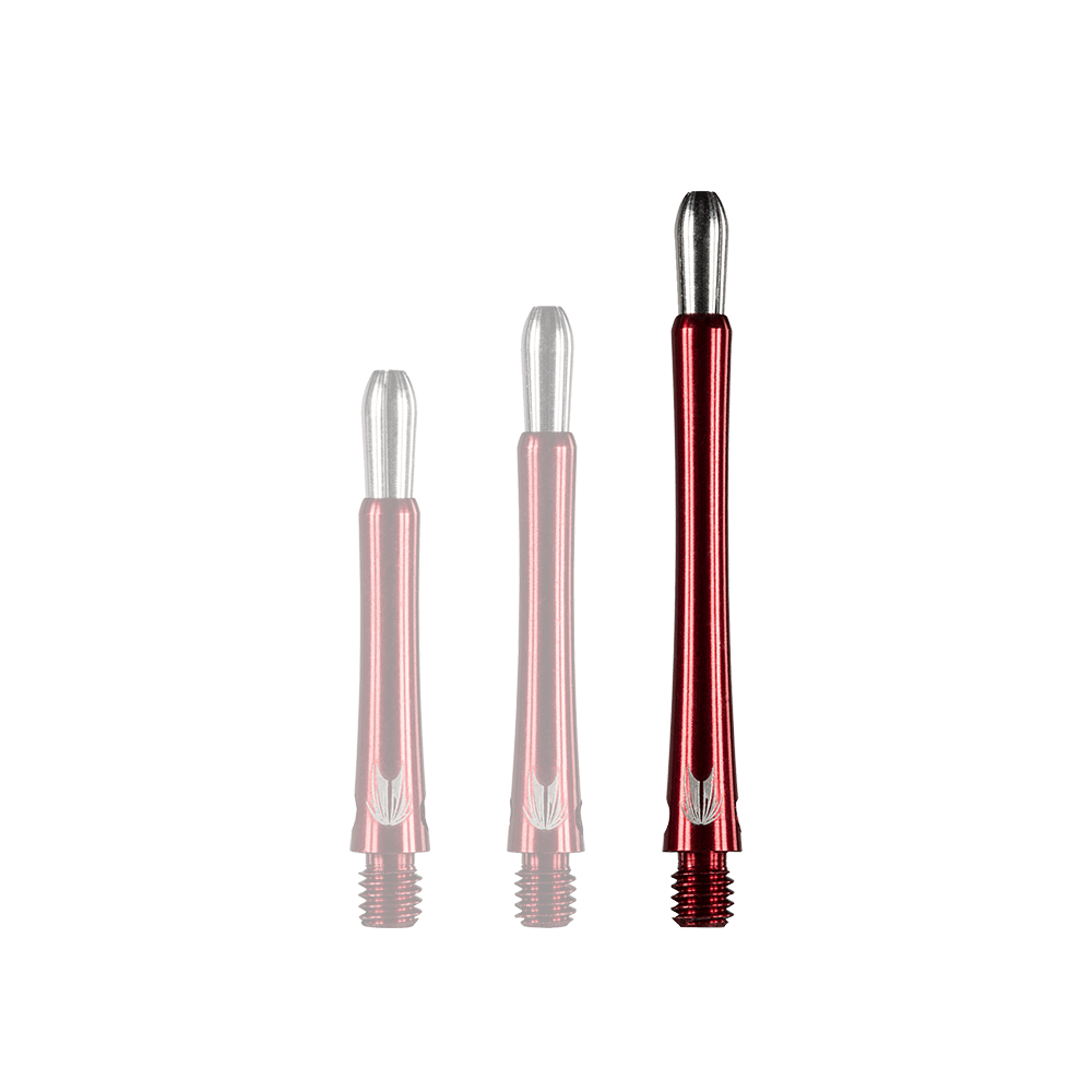 Das Bild zeigt drei rote Aluminium-Dartschäfte in unterschiedlichen Längen. Die Schäfte sind glänzend und unten mit einem Gewinde versehen.