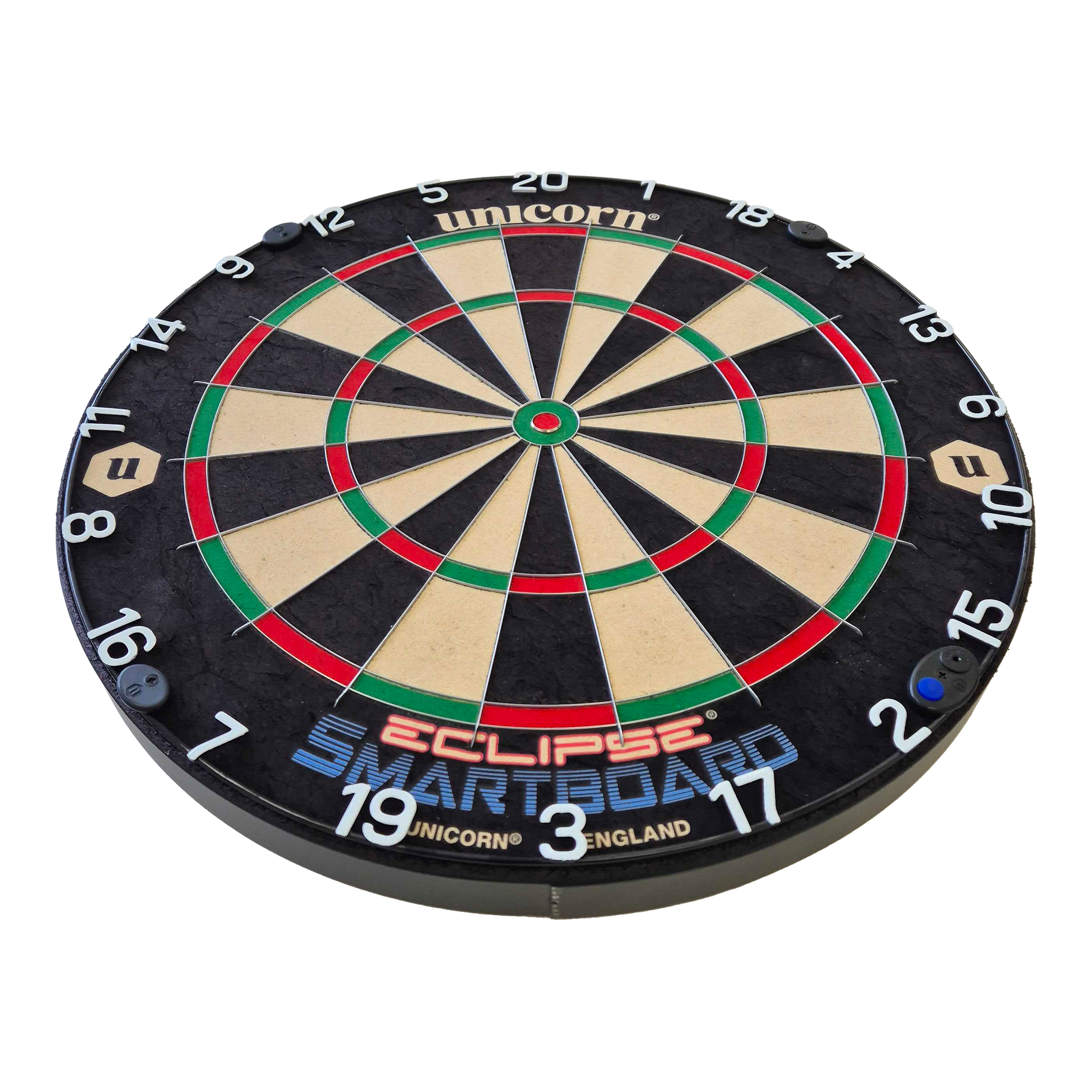 Unicorn Eclipse Smartboard steel dartboard Das Bild zeigt das Produkt "Unicorn Eclipse Smartboard Steeldartboard". Es ist eine runde Dartscheibe mit farbigen Segmenten und weißen Zahlen am Rand.