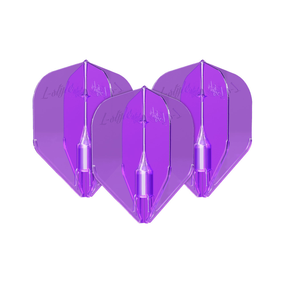 L-Style Fantom L3EZ Flights Purple Das Bild zeigt drei violette L-Style Fantom L3EZ Flights für Darts. Sie sind nebeneinander angeordnet und haben eine glänzende, transparente Oberfläche.