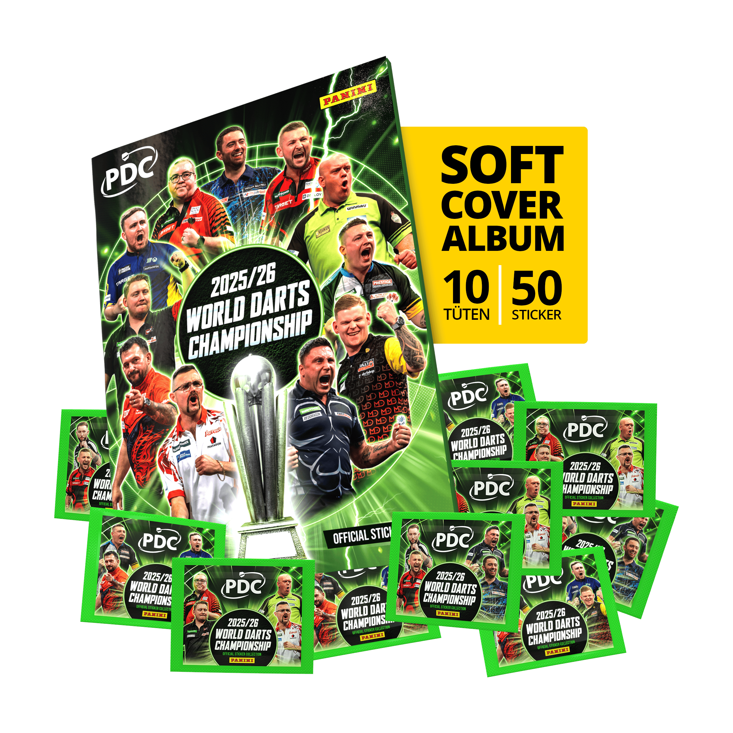 Panini PDC World Darts Championship 2025/26 - Softcover Starter Bundle with 10 Sticker Packs Abgebildet ist das Panini PDC World Darts Championship 2025/26 - Softcover Starter Bundle mit 10 Sticker Packs. Das Starter-Bundle eignet sich ideal für Einsteiger und Darts-Fans.