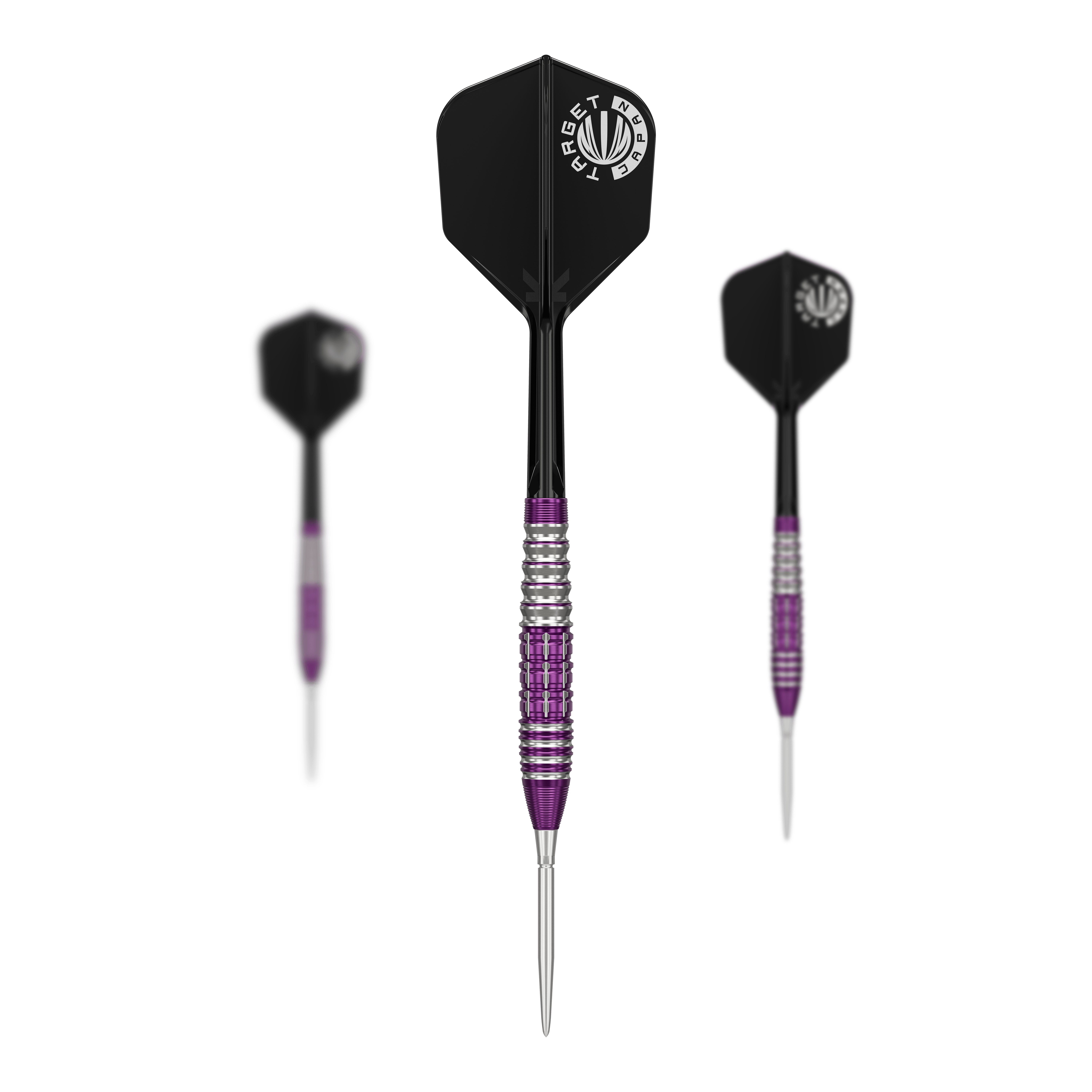 Target Japan Prime Series Tung Suk Zenith GEN1 Swiss Point Steeldarts - 23g Das Bild zeigt drei Steeldarts der Marke "Target Japan Prime Series Tung Suk Zenith GEN1 Swiss Point" mit einem Gewicht von 23g. Die Darts haben silberne und lila Akzente sowie schwarze Flights mit weißem Logo.