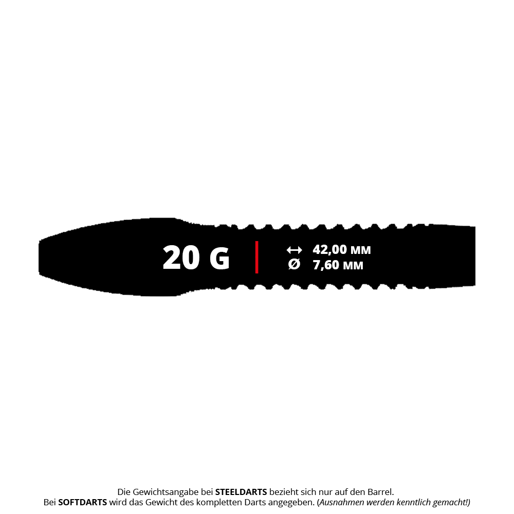 Caliburn Wolfpack W4 steel darts - 20g Das Bild zeigt die Produktdetails der Caliburn Wolfpack W4 Steeldarts mit 20 Gramm Gewicht. Die Länge des Barrels beträgt 42,00 mm und der Durchmesser 7,60 mm.