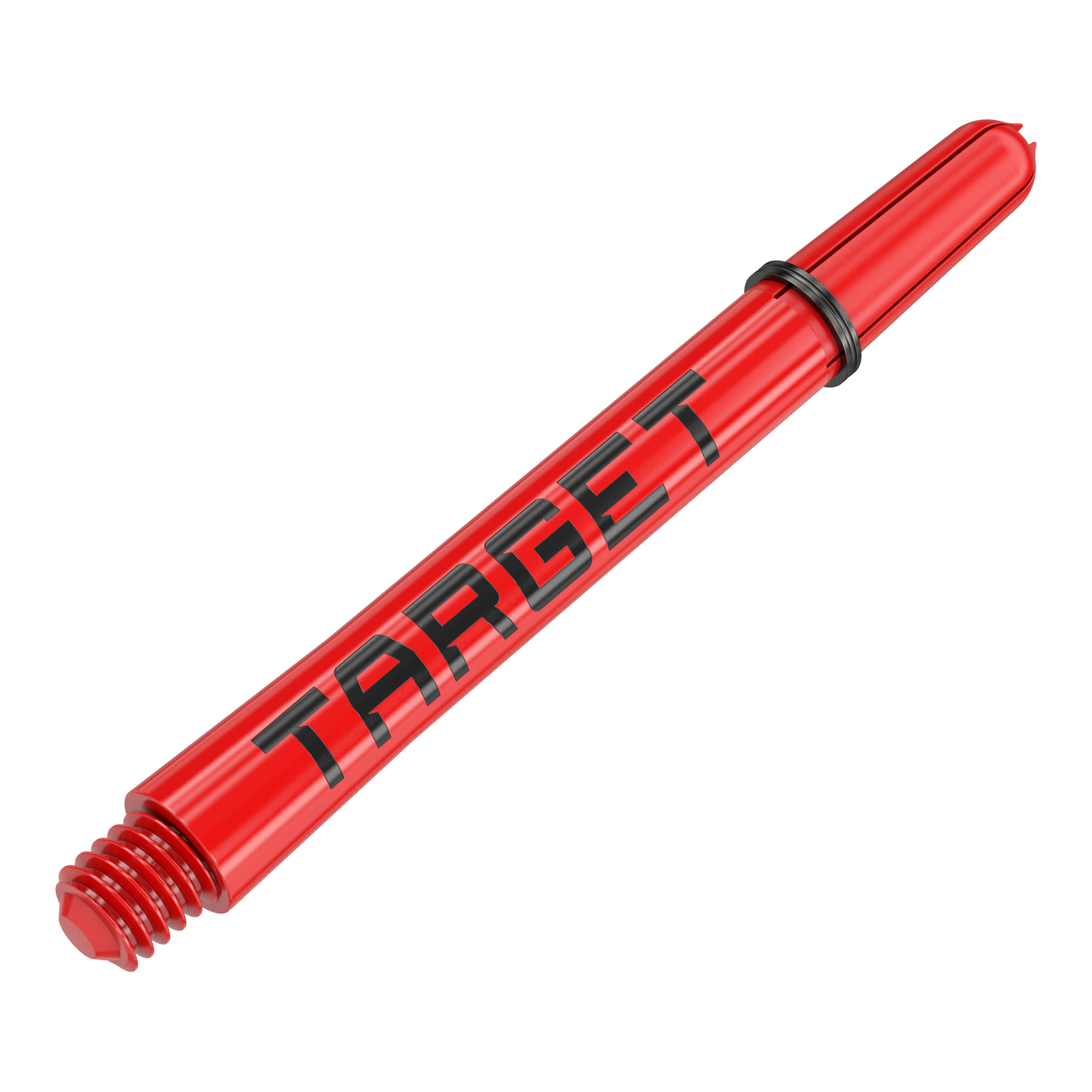 Target Pro Grip TAG Shafts - 3 Sets - Red Auf dem Bild ist ein roter Dart-Schaft mit der Aufschrift "TARGET" zu sehen. Der Schaft hat am Ende ein Schraubgewinde und einen schwarzen Gummiring.