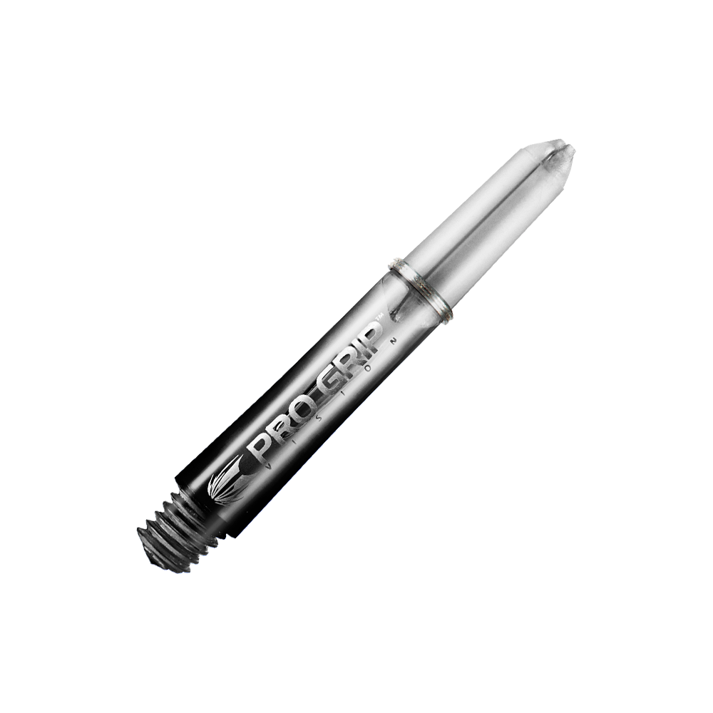 Target Pro Grip Vision Shafts - 3 Sets - Black Das Bild zeigt einen schwarzen Pro Grip Vision Shafts von Target mit einer Länge von 34 mm. Der Schaft hat ein glänzendes Finish und ist mit einem Schraubgewinde ausgestattet.