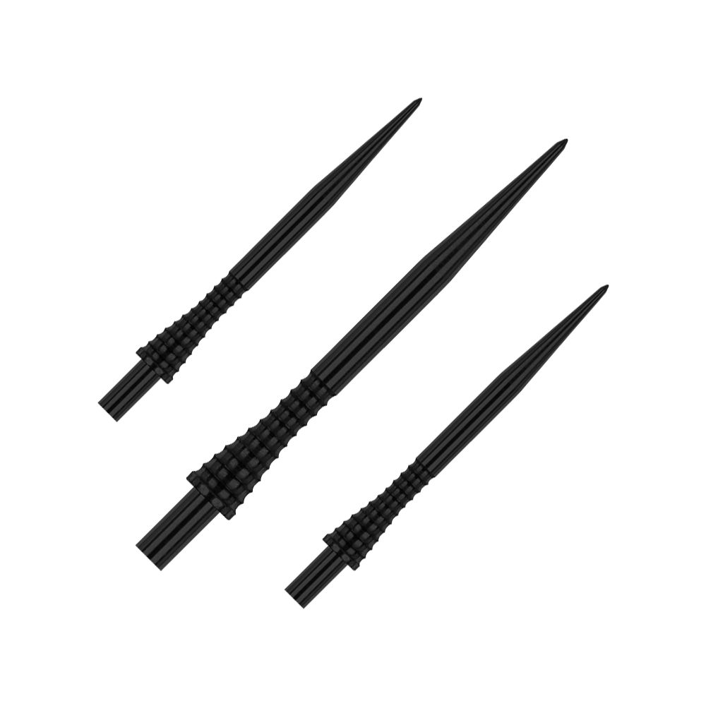 Red Dragon Raptor Gripped Black steel dart tips 38mm Das Bild zeigt drei schwarze Steeldartspitzen des Produkts „Red Dragon Raptor Gripped“ in 38 mm Länge. Die Spitzen haben ein geriffeltes Griffstück für besseren Halt.