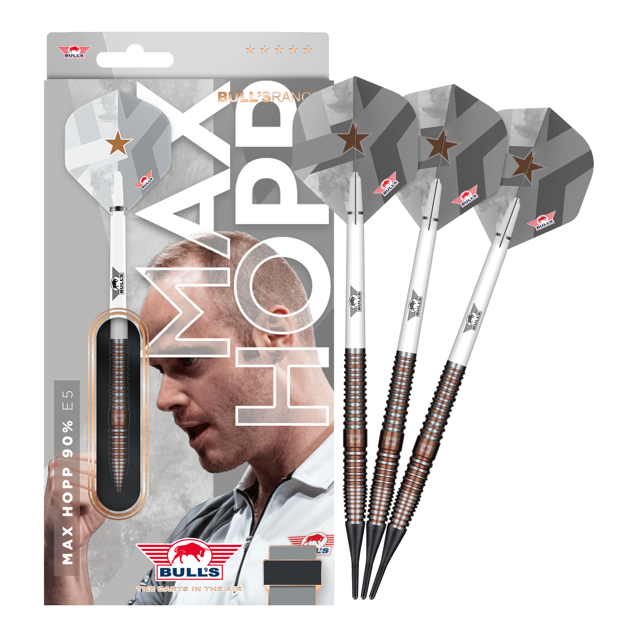 Bulls NL Max Hopp E5 soft darts - 20g Zu sehen ist das Set Bulls NL Max Hopp E5 Softdarts im Gewicht 20g. Die Darts sind ideal für Softdart-Enthusiasten geeignet.