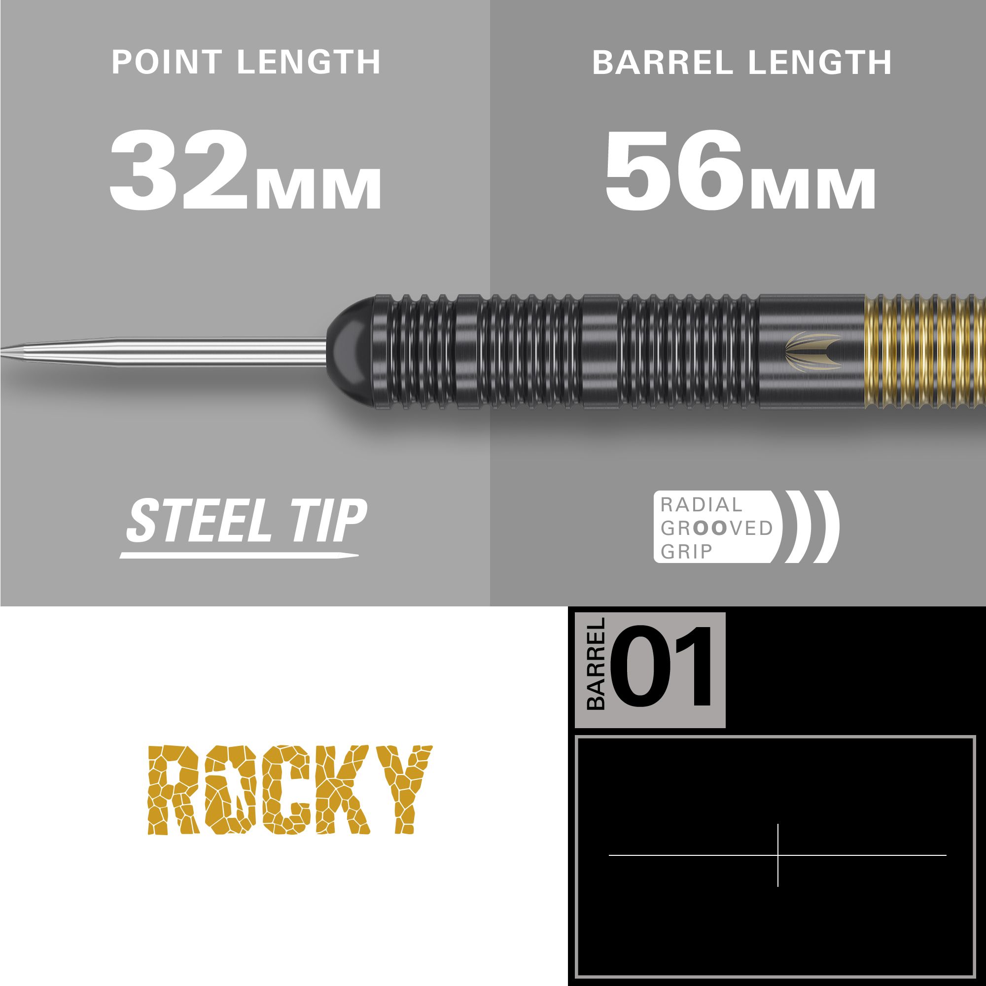 Target Josh Rock Brass Steel Darts - 22g Das Bild zeigt den Target Josh Rock Brass Steeldart mit einer Stahlspitze. Die Spitzenlänge beträgt 32 mm und die Barrel-Länge 56 mm, mit radial gerilltem Griff.