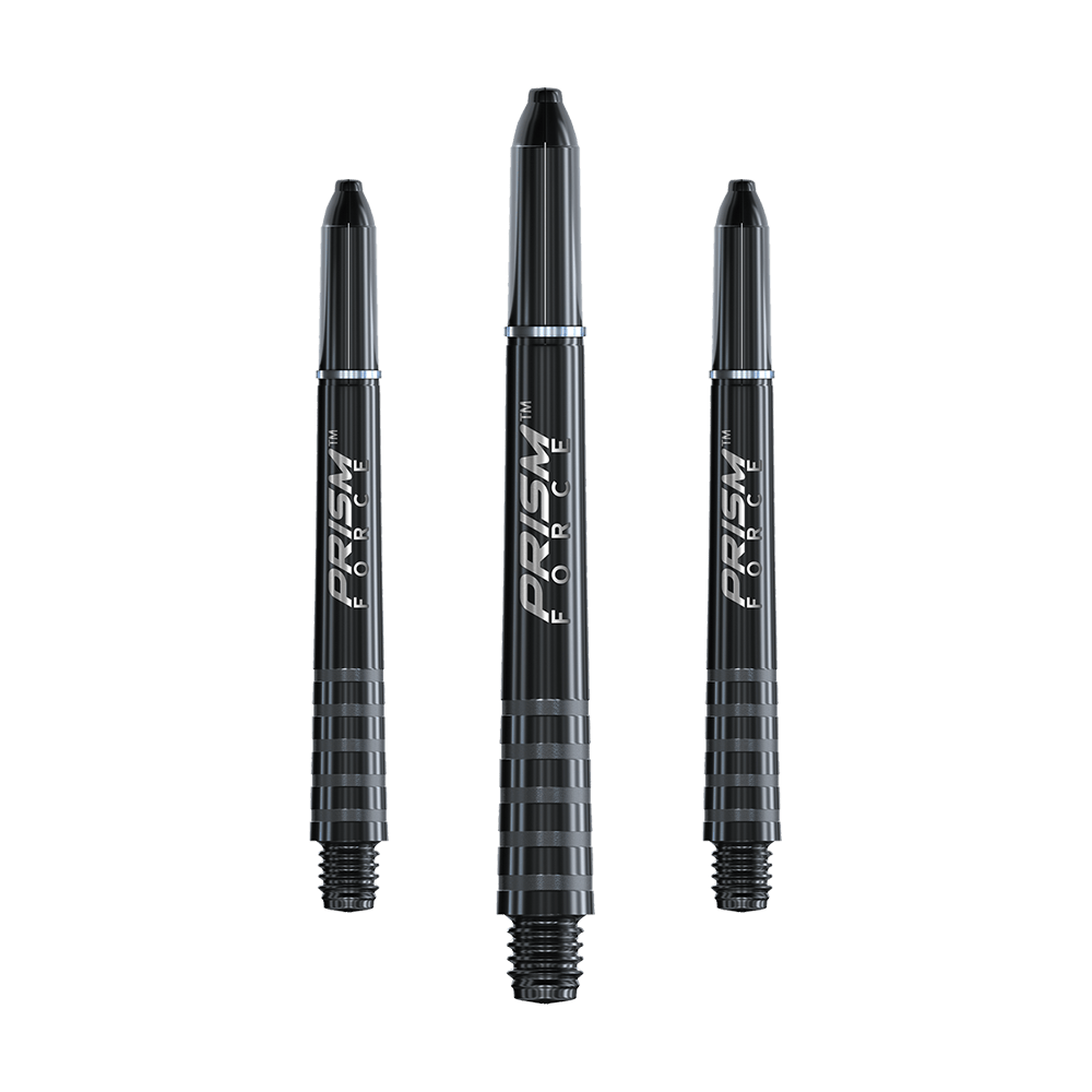 7020-401_Winmau_Prism_Force_Shafts_Schwarz_41mm_1 Auf dem Bild sind drei schwarze Dartschäfte mit der Aufschrift "PRISM FORCE" zu sehen. Sie haben ein gerilltes Design und sind jeweils unterschiedlich angeordnet.