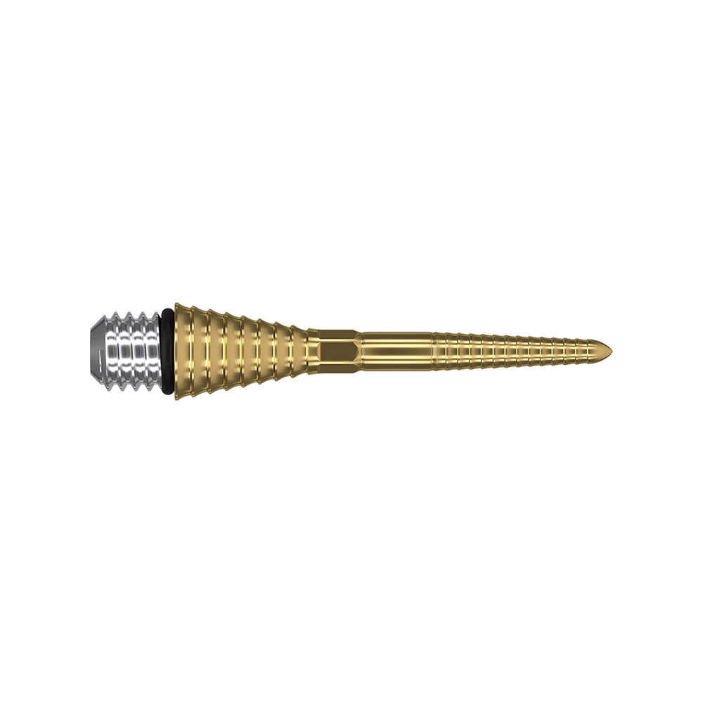 380178_Target_Titanium_Swiss_Point_Grooved_Conversion_Points_Gold_26mm_2 Das Bild zeigt einen Target Swiss Point Grooved Conversion Point in Gold. Die Spitze ist aus Metall und hat ein geriffeltes Design mit einer goldenen Farbe.
