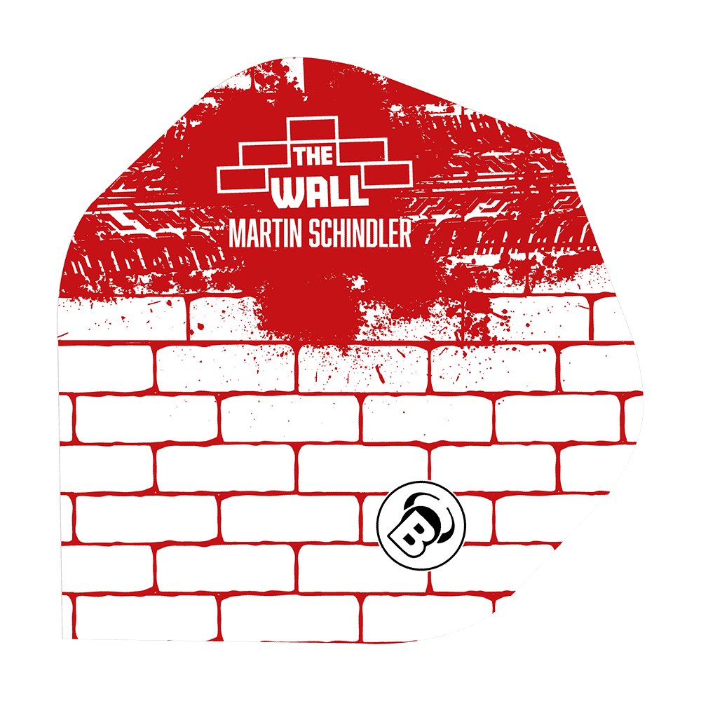 Bulls Metrixx Martin Schindler White Red No2 Standard Flights Das Bild zeigt ein Dart-Flight mit einem weißen Ziegelmuster und roten Farbspritzern. Oben steht „THE WALL MARTIN SCHINDLER“ und unten ist ein „B“-Logo abgebildet.