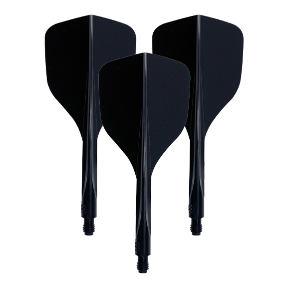 Das Bild zeigt drei schwarze Dart-Flights mit integriertem Schaft. Es handelt sich um das Produkt "Condor Axe 120 Flight-System Schwarz - Small".