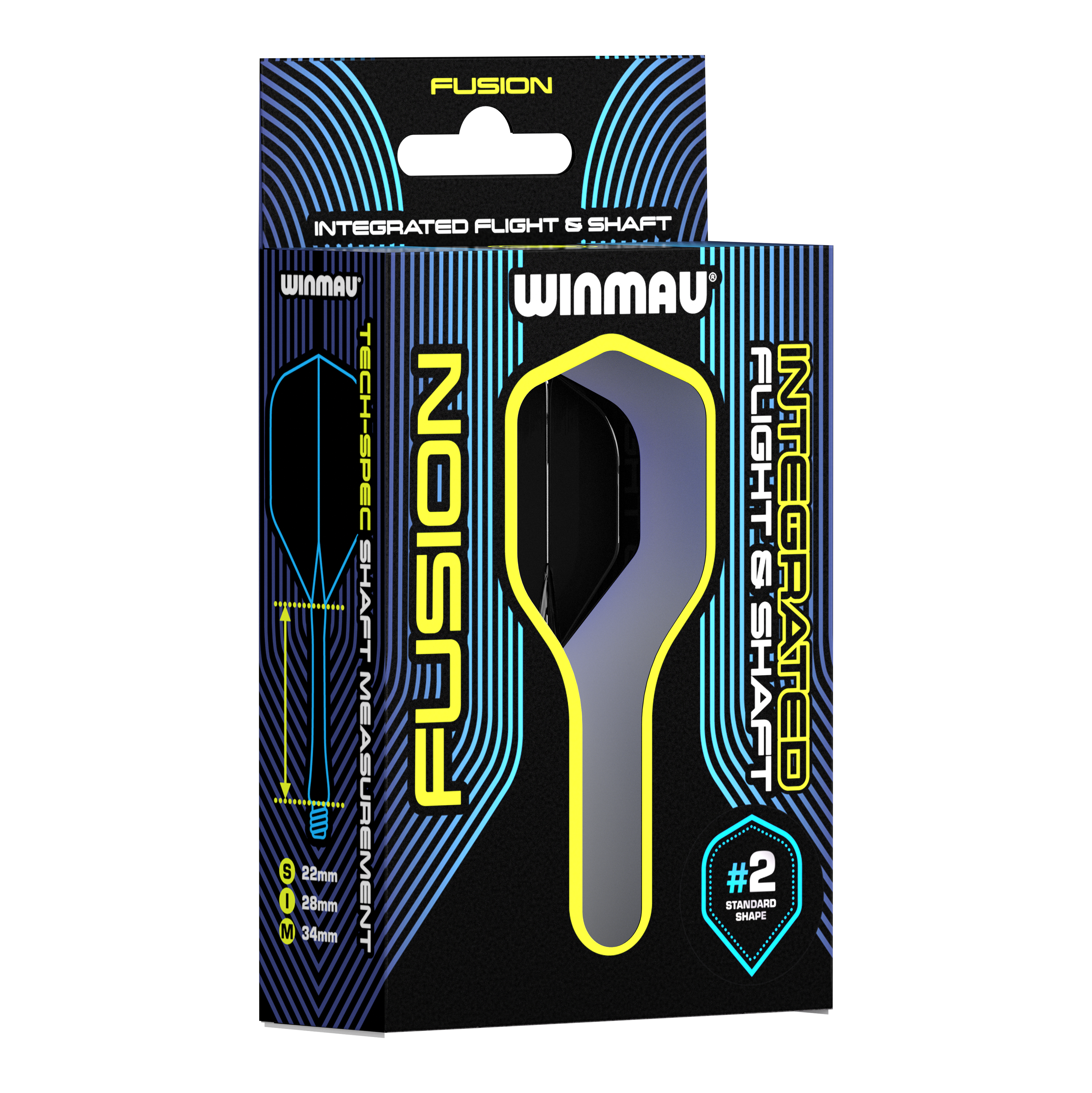 Winmau Fusion Flight Shaft System Standard Black Auf dem Bild ist eine Verpackung des Winmau Fusion Integrated Flight & Shaft Systems zu sehen. Die Schachtel ist schwarz mit blauen und gelben Akzenten und enthält Flights und Shafts für Darts.