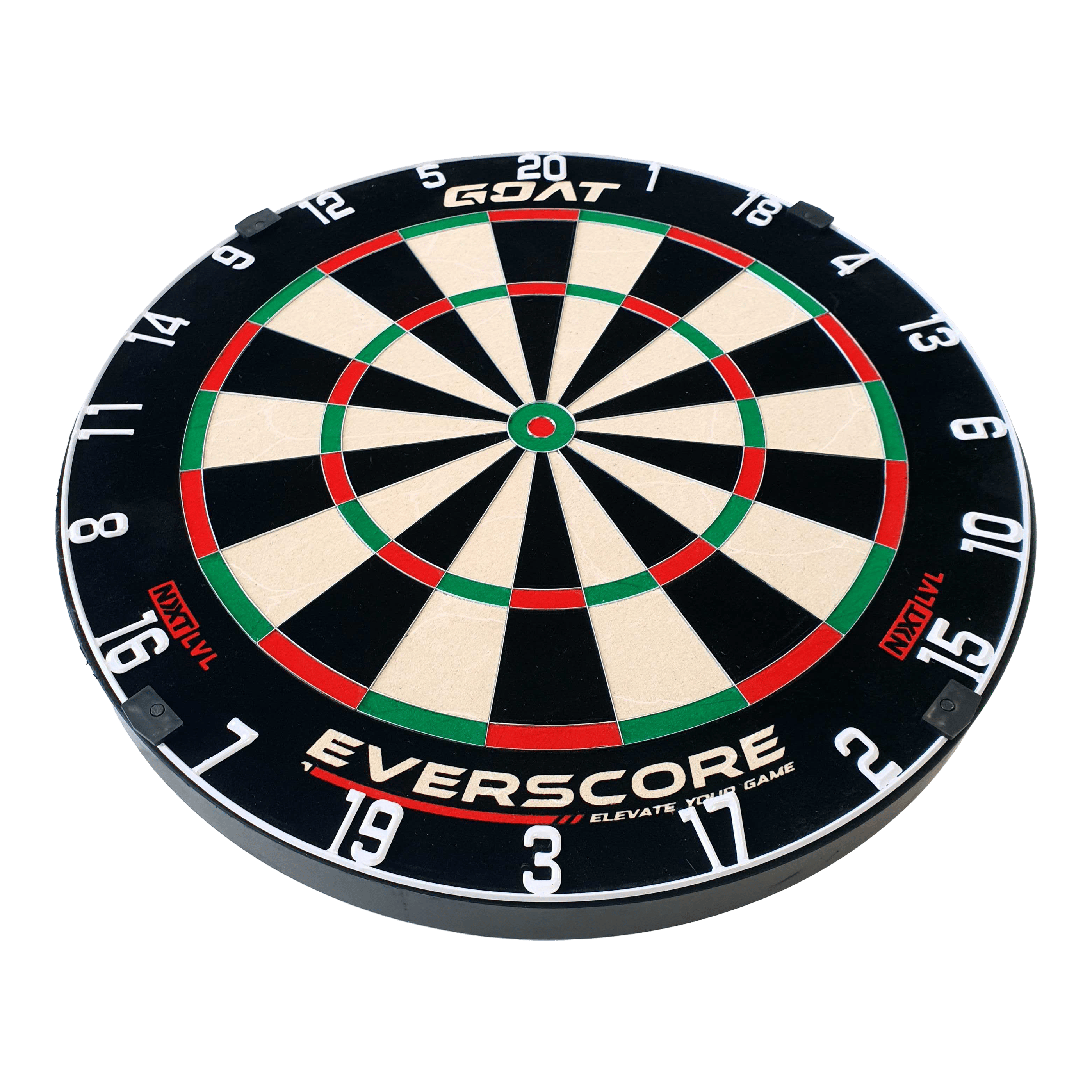 GOAT Everscore Steel Dartboard Das Bild zeigt eine GOAT Everscore Steeldartboard. Die Dartscheibe ist rund und hat farbige Segmente sowie gut sichtbare Zahlen am Rand.