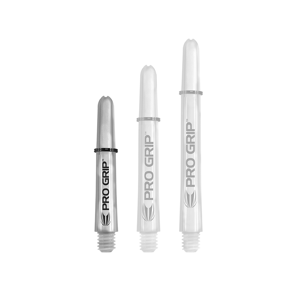 110195_Target_Pro_Grip_Shafts_Transparent_34mm_1 Das Bild zeigt drei transparente Pro Grip Shafts in unterschiedlichen Längen. Sie sind mit schwarzer Schrift und einem kleinen Logo bedruckt.