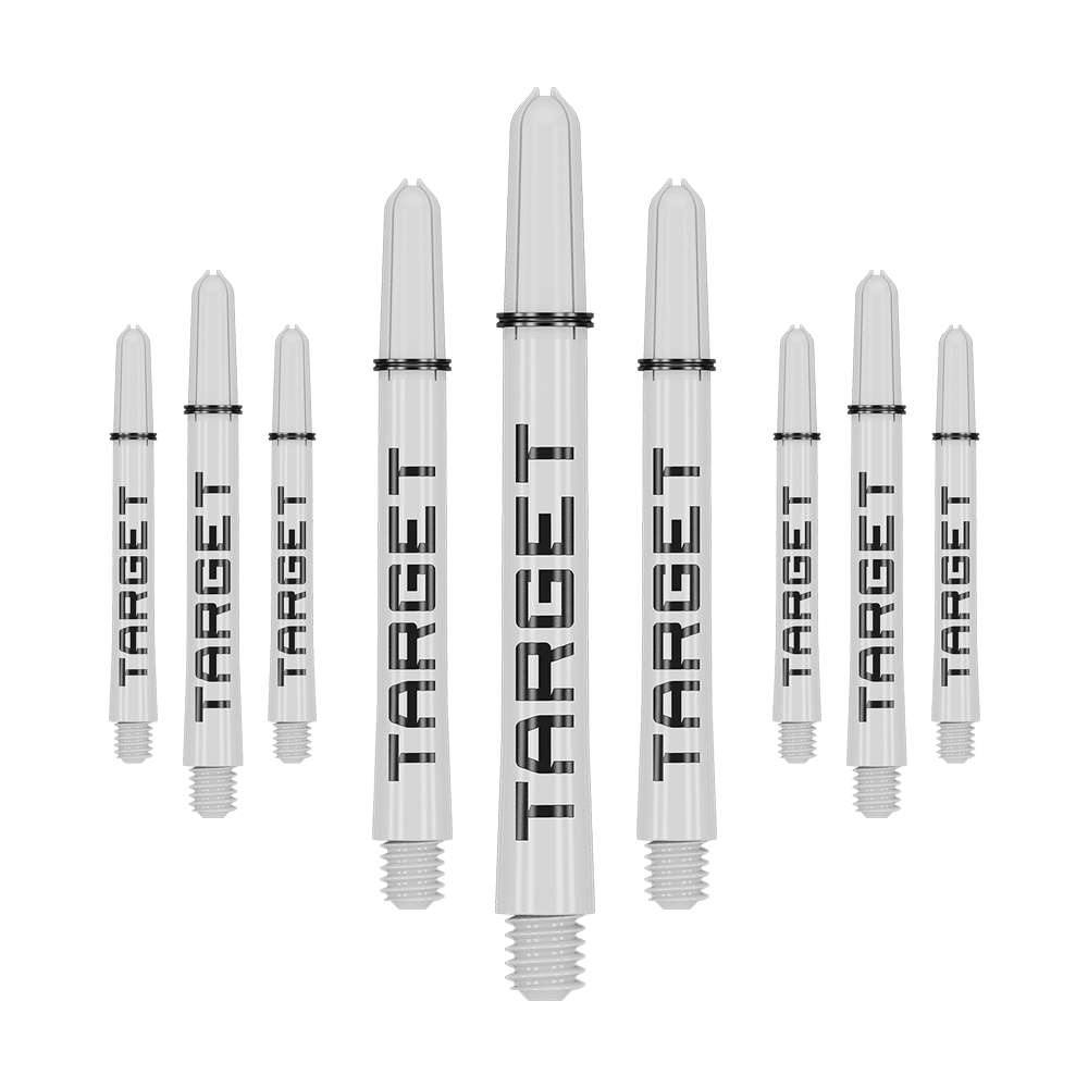 Target Pro Grip TAG Shafts - 3 Sets - White Das Bild zeigt neun weiße Dartschäfte mit der Aufschrift "TARGET" in schwarzer Schrift. Sie sind in zwei Reihen angeordnet, wobei die mittleren Schäfte größer erscheinen.