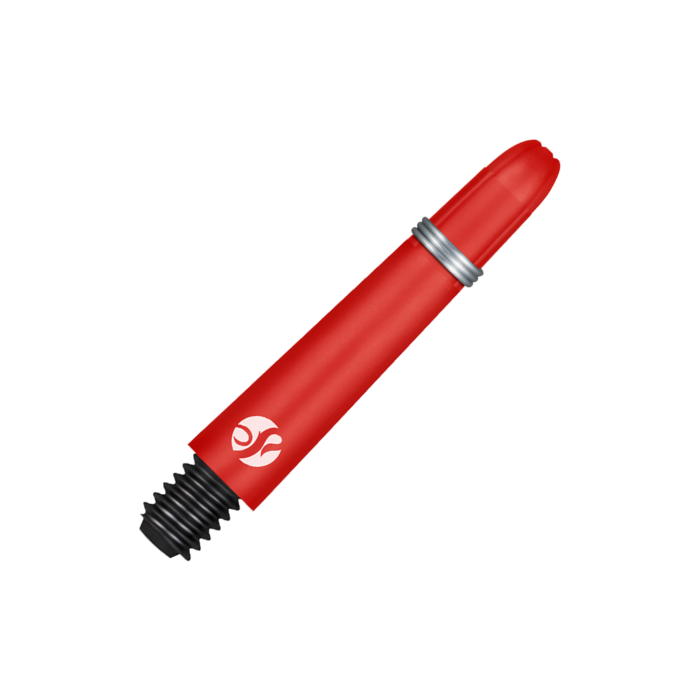 Shot Koi Carbon Shafts - Red Das Bild zeigt einen roten Dart-Schaft mit einem schwarzen Gewinde und einer silbernen Halterung. Auf dem Schaft ist ein weißes Logo abgebildet.