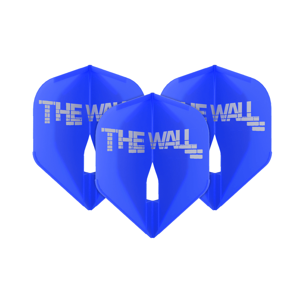 L-Style Martin Schindler Blue L1PRO Flights Das Bild zeigt drei blaue Dartflights mit der Aufschrift "THE WALL". Es handelt sich um das Produkt 'L-Style Martin Schindler Blau L1PRO Flights'.