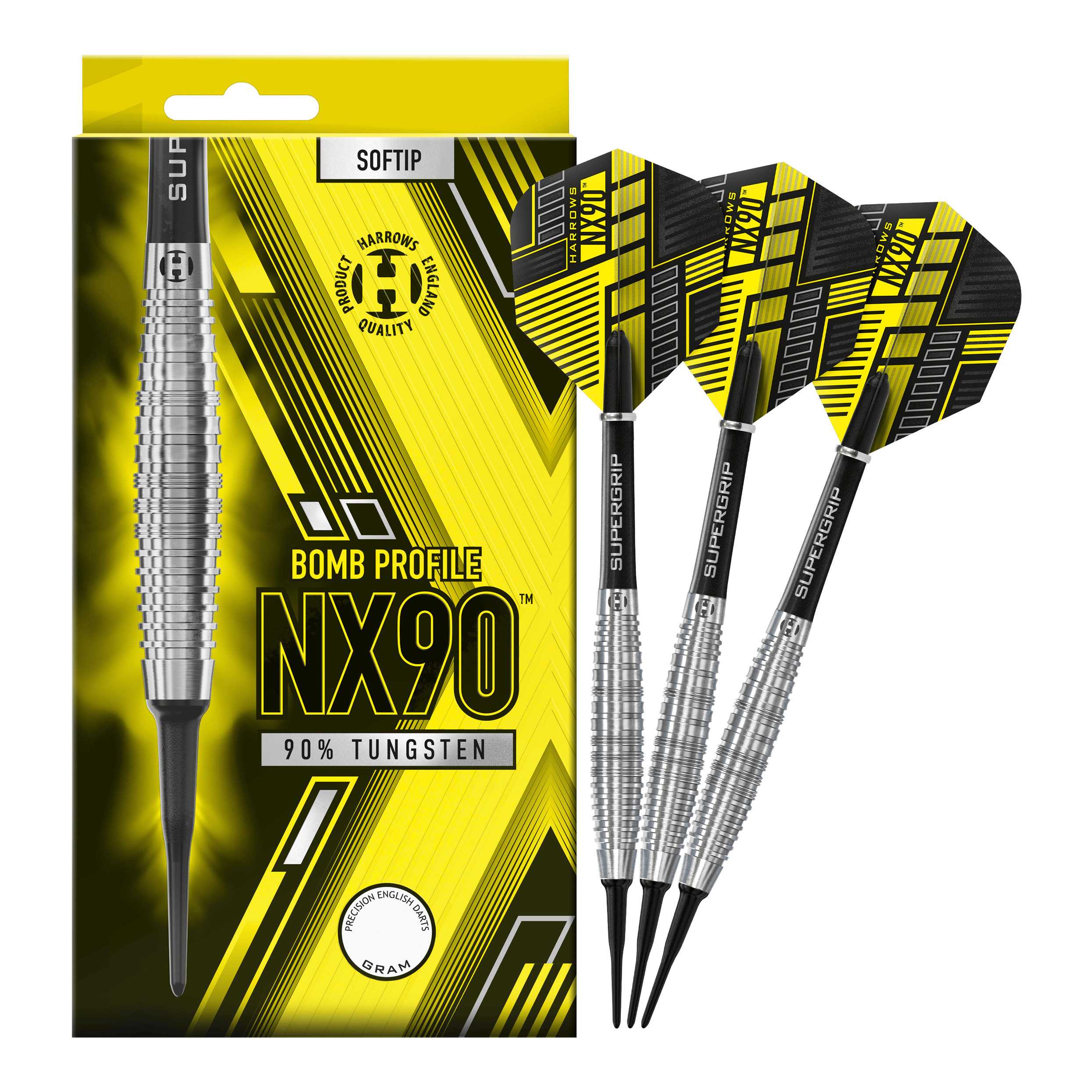 Harrows NX90 Bomb Soft Darts Das Bild zeigt eine Packung Harrows NX90 Bomb Softdarts mit auffälligem gelb-schwarzem Design. Neben der Verpackung sind drei Softdarts mit silbernen Griffen und schwarzen Flights zu sehen.