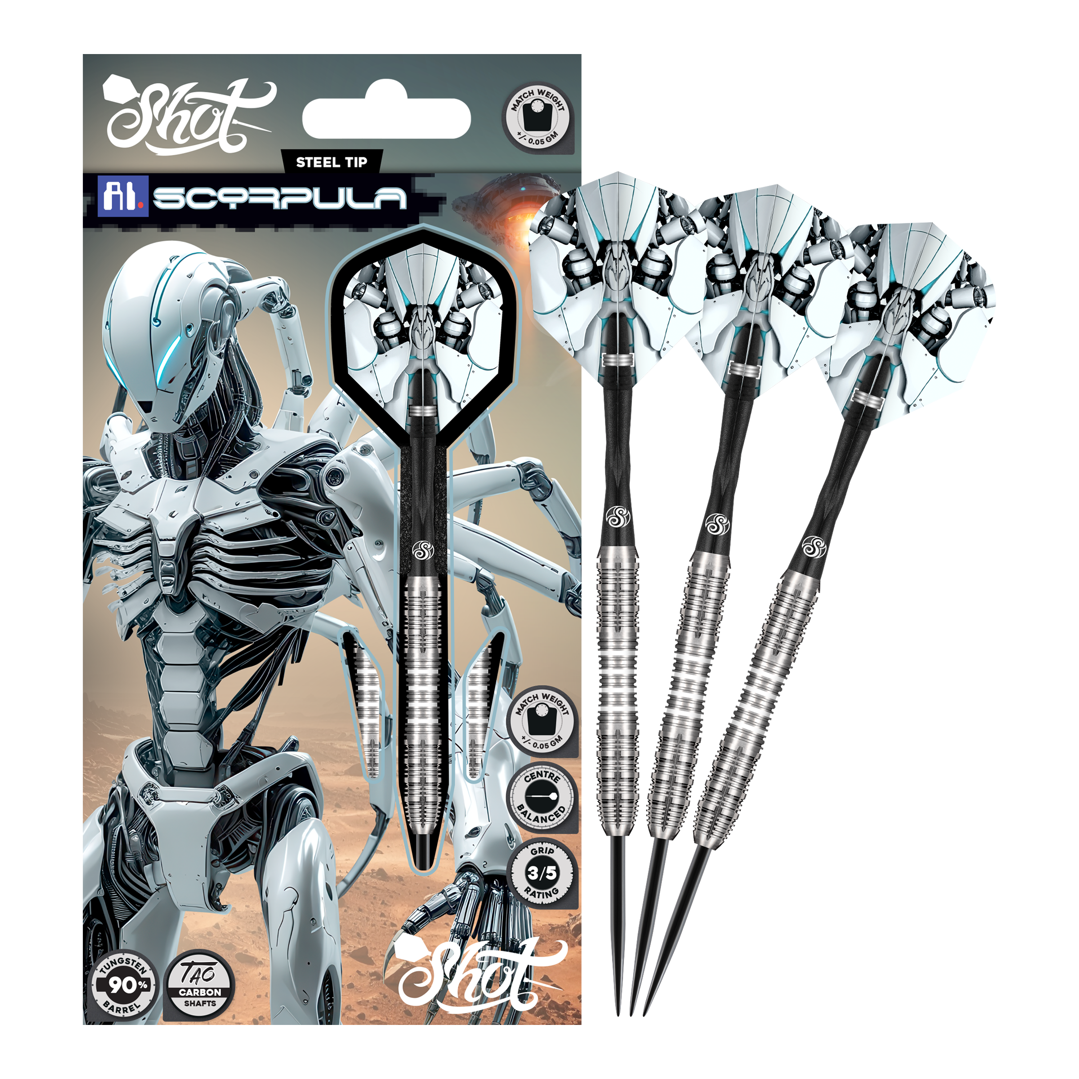 Zu sehen sind die Shot AI Scorpula Steeldarts in ihrer gesamten Länge. Das Produkt ist hochwertig verarbeitet.