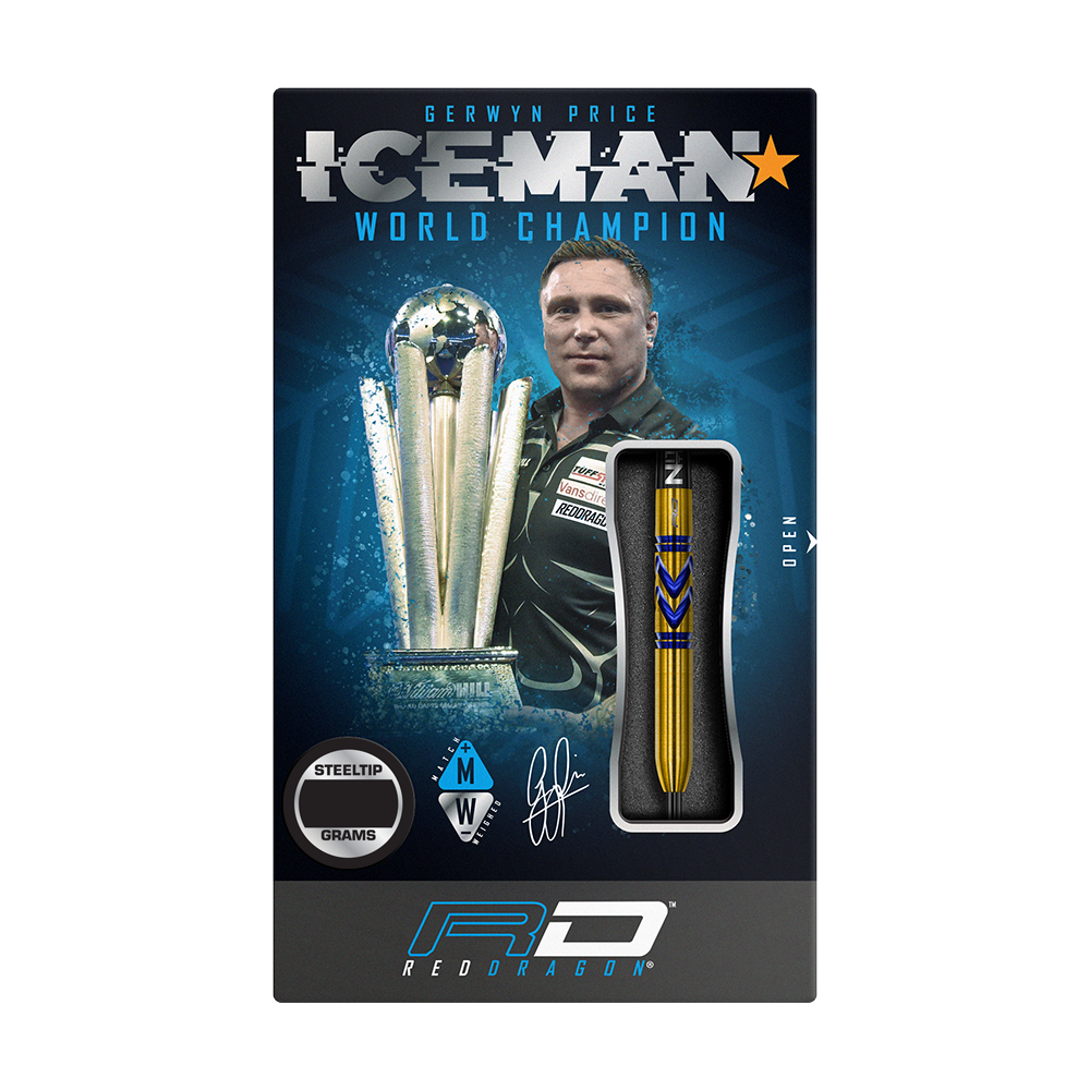 RD2546_Red_Dragon_Gerwyn_Price_Avalanche_Gold_Softdarts_34n7jsSUdfPMsj Die Verpackung zeigt die "Red Dragon Gerwyn Price Avalanche Gold Softdarts - 20g". Auf der Vorderseite sind das Dart-Design, ein Bild von Gerwyn Price und der Schriftzug "ICEMAN World Champion" zu sehen.