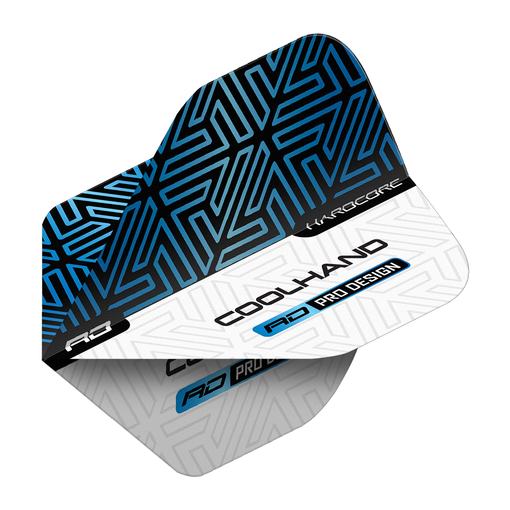 Red Dragon Hardcore Luke Humphries Blue White Premium Standard Flights Das Bild zeigt die Red Dragon Hardcore Luke Humphries Blue White Premium Standard Flights. Die Flights sind blau-weiß gestaltet und tragen die Aufschrift „COOLHAND“ sowie „RD PRO DESIGN“.