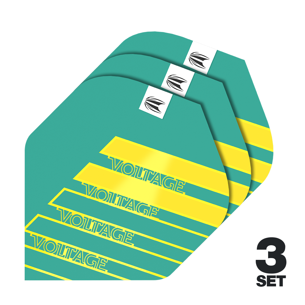 Target Pro Ultra Rob Cross Aqua No2 Standard Flights - 3 sets Das Bild zeigt drei Sets der Target Pro Ultra Rob Cross Aqua No2 Standard Flights. Die Flights sind türkis mit gelben Streifen und dem Schriftzug "VOLTAGE".