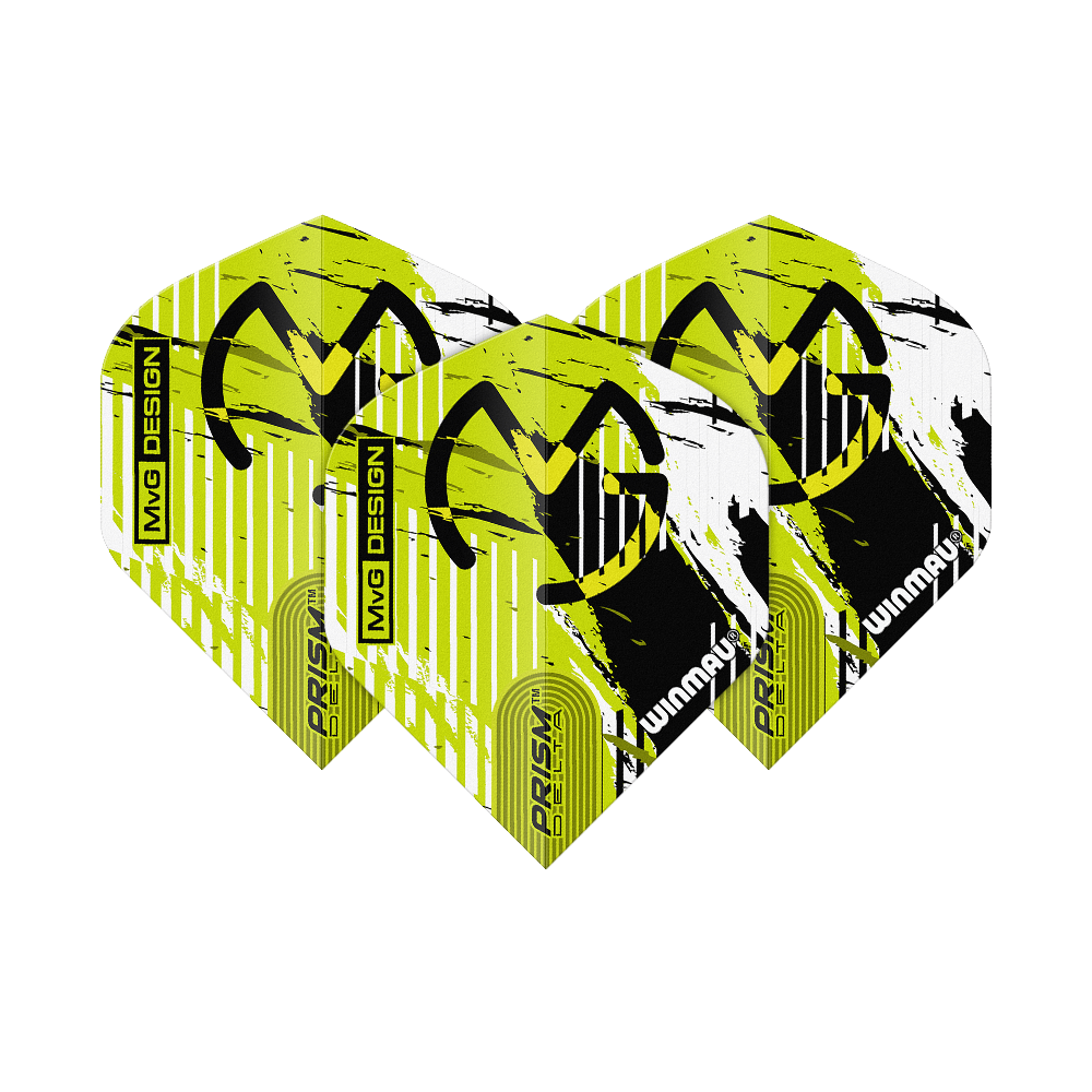 Winmau Delta Michael Van Gerwen Prism 03 Standard Flights Das Bild zeigt drei Dartflights des Modells "Winmau Delta Michael Van Gerwen Prism 03 Standard". Die Flights sind gelb-schwarz-weiß gestaltet und tragen das MVG-Logo sowie die Aufschrift "PRISM DELTA" und "WINMAU".