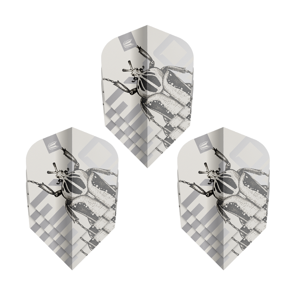 Target Pro Ultra Exo 2.0 Ten-X Flights - 3 sets Das Bild zeigt drei Sätze der Target Pro Ultra Exo 2.0 Ten-X Flights. Auf den Flights ist ein detailreiches Käfermotiv in Schwarz-Weiß abgebildet.