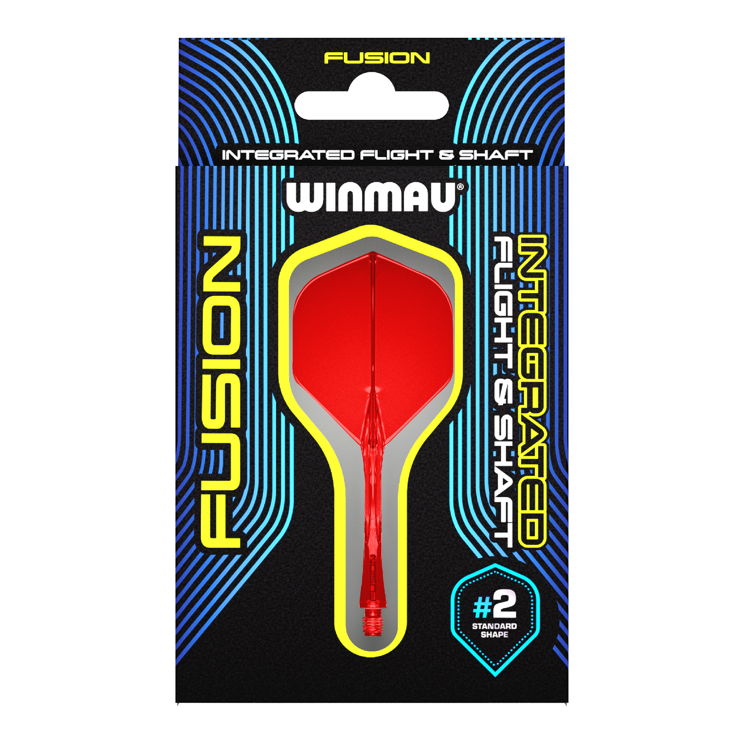 Winmau Fusion Flight Shaft System Standard Red Das Bild zeigt eine Verpackung für das Winmau Fusion Integrated Flight & Shaft System in Rot. Im Mittelpunkt ist ein integrierter Dart-Flügel mit Schaft der Größe #2 im Standard-Shape zu sehen.